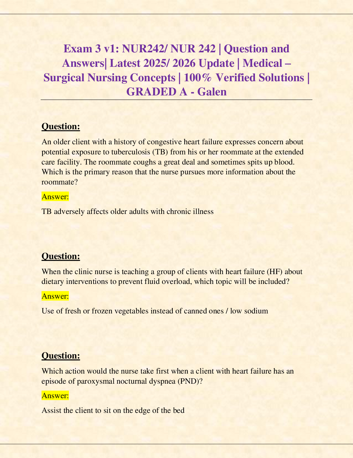 Preview image for Exam 3 v1: NUR242/ NUR 242 | Question and  Answers| Latest 2025/ 2026 Update | Medical –  Surgical Nursing Concepts | 100% Verified Solutions |  GRADED A - Galen