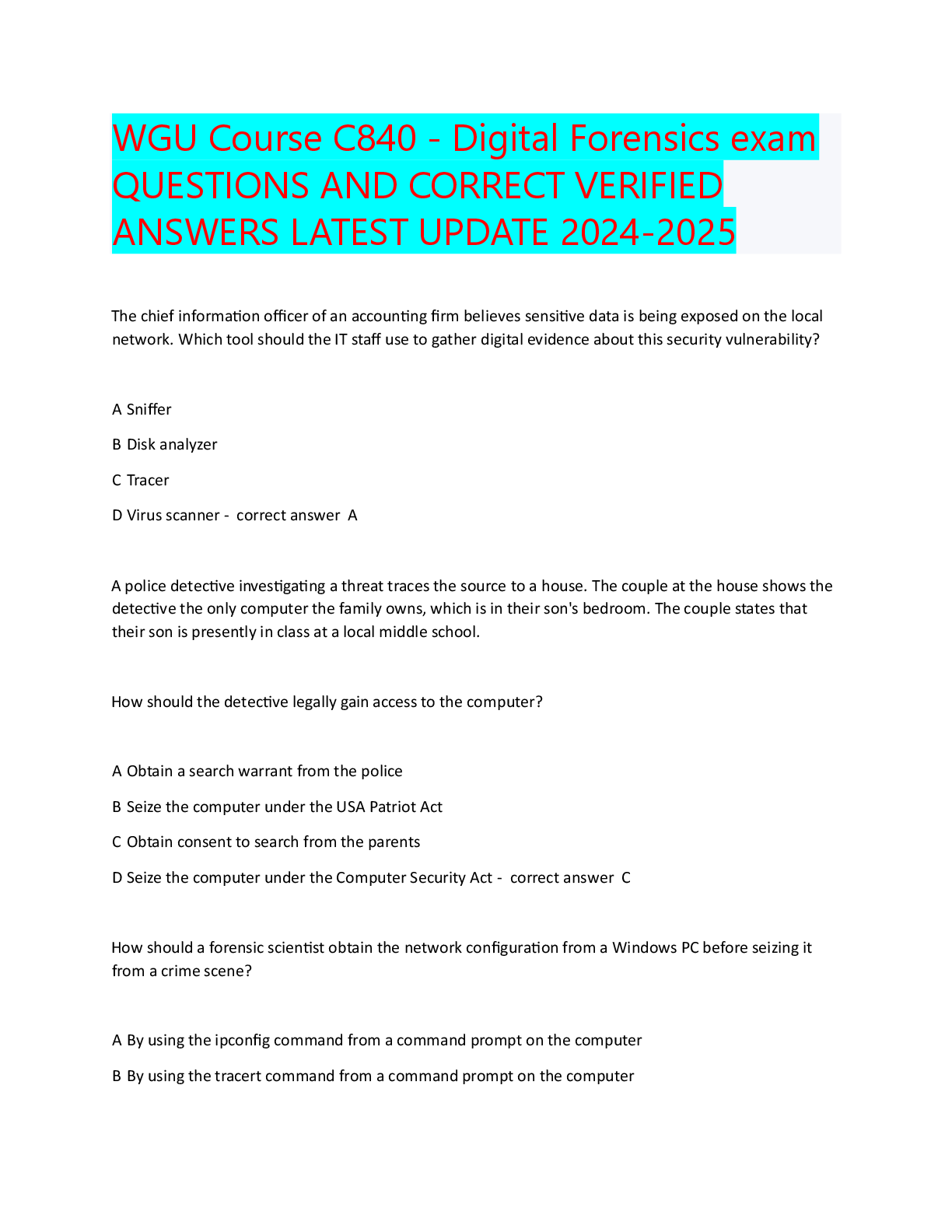 Preview image for WGU Course C840 - Digital Forensics exam QUESTIONS AND CORRECT VERIFIED ANSWERS LATEST UPDATE 2024-2025