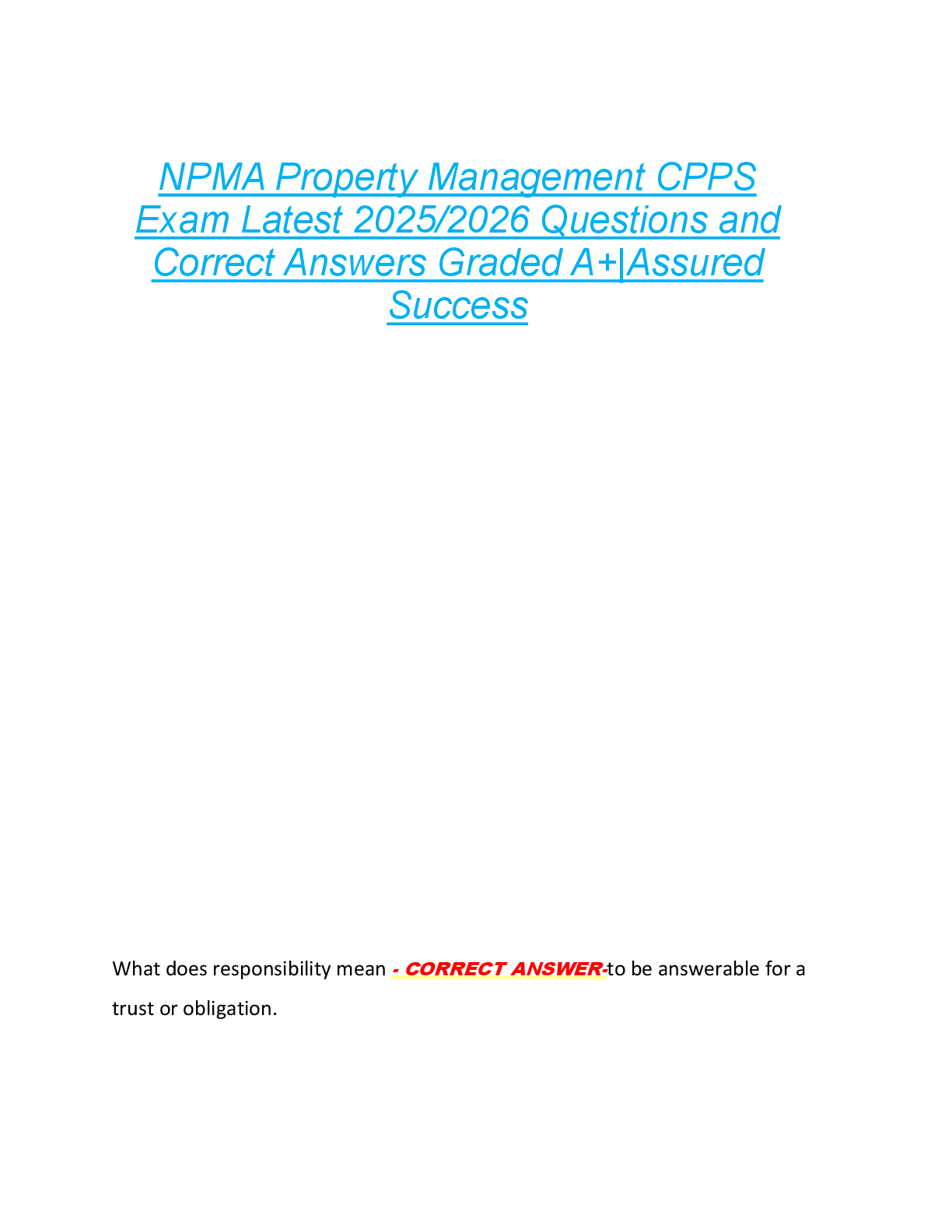 Preview of NPMA Property Management CPPS  Exam Latest 2025/2026 Questions and  Correct Answers Graded