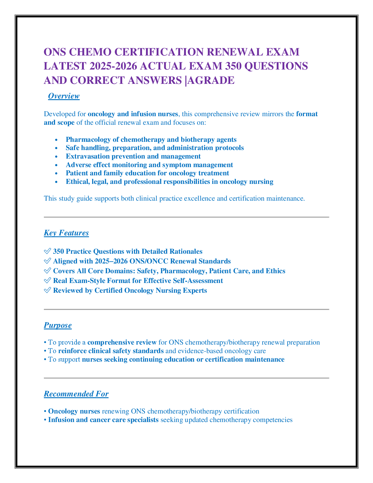 ONS CHEMO CERTIFICATION RENEWAL EXAM  LATEST 2025-2026 ACTUAL EXAM 350 QUESTIONS  AND CORRECT ANSWERS |AGRADE