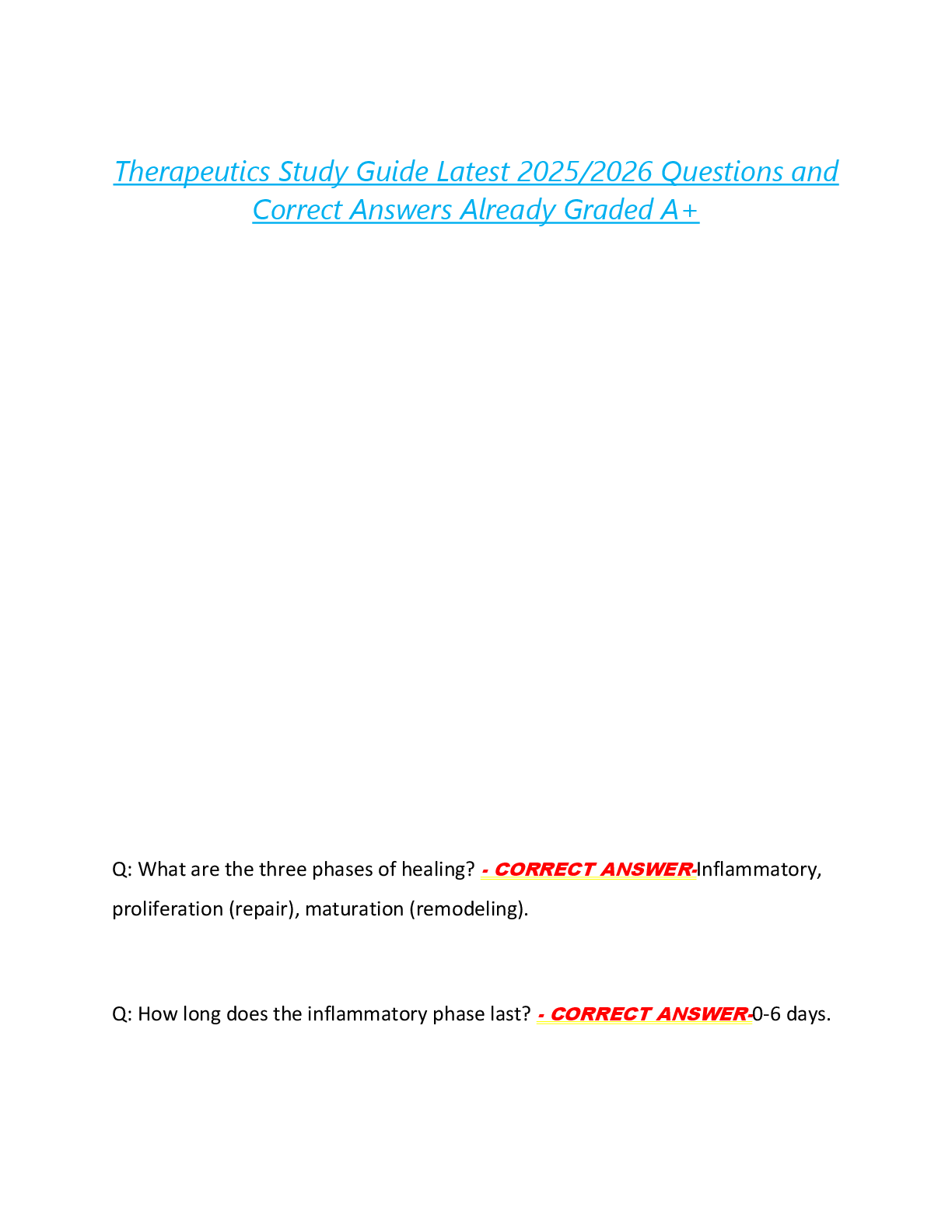 Therapeutics Study Guide Latest 2025/2026 Questions and  Correct Answers Already Graded A+