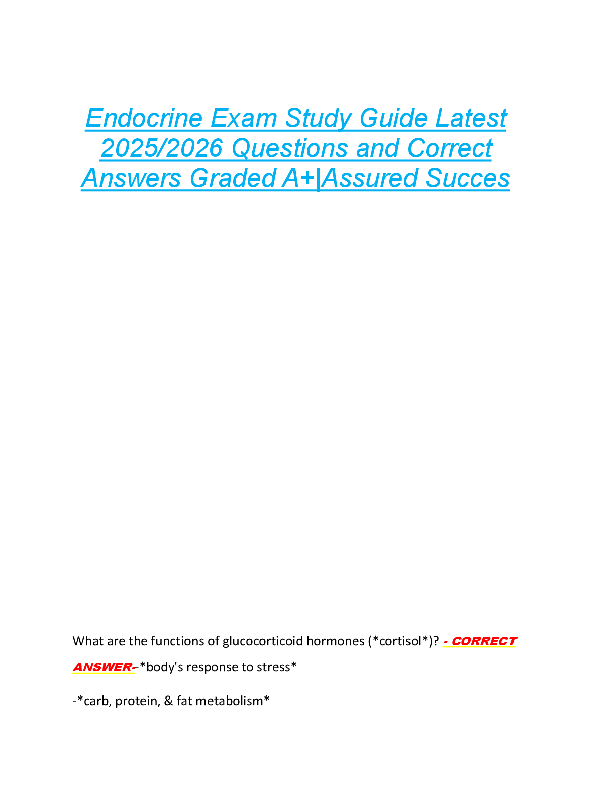 Preview of Endocrine Exam Study Guide Latest  2025/2026 Questions and Correct  Answers Graded A+|Assured Succes