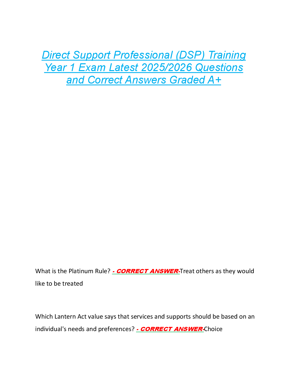 Preview image for Direct Support Professional (DSP) Training  Year 1 Exam Latest 2025/2026 Questions  and Correct Answers Graded A+