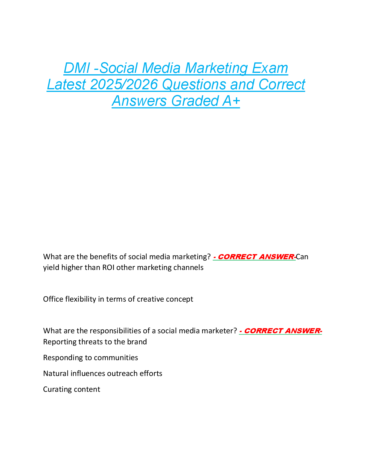 DMI -Social Media Marketing Exam  Latest 2025/2026 Questions and Correct  Answers Graded A+