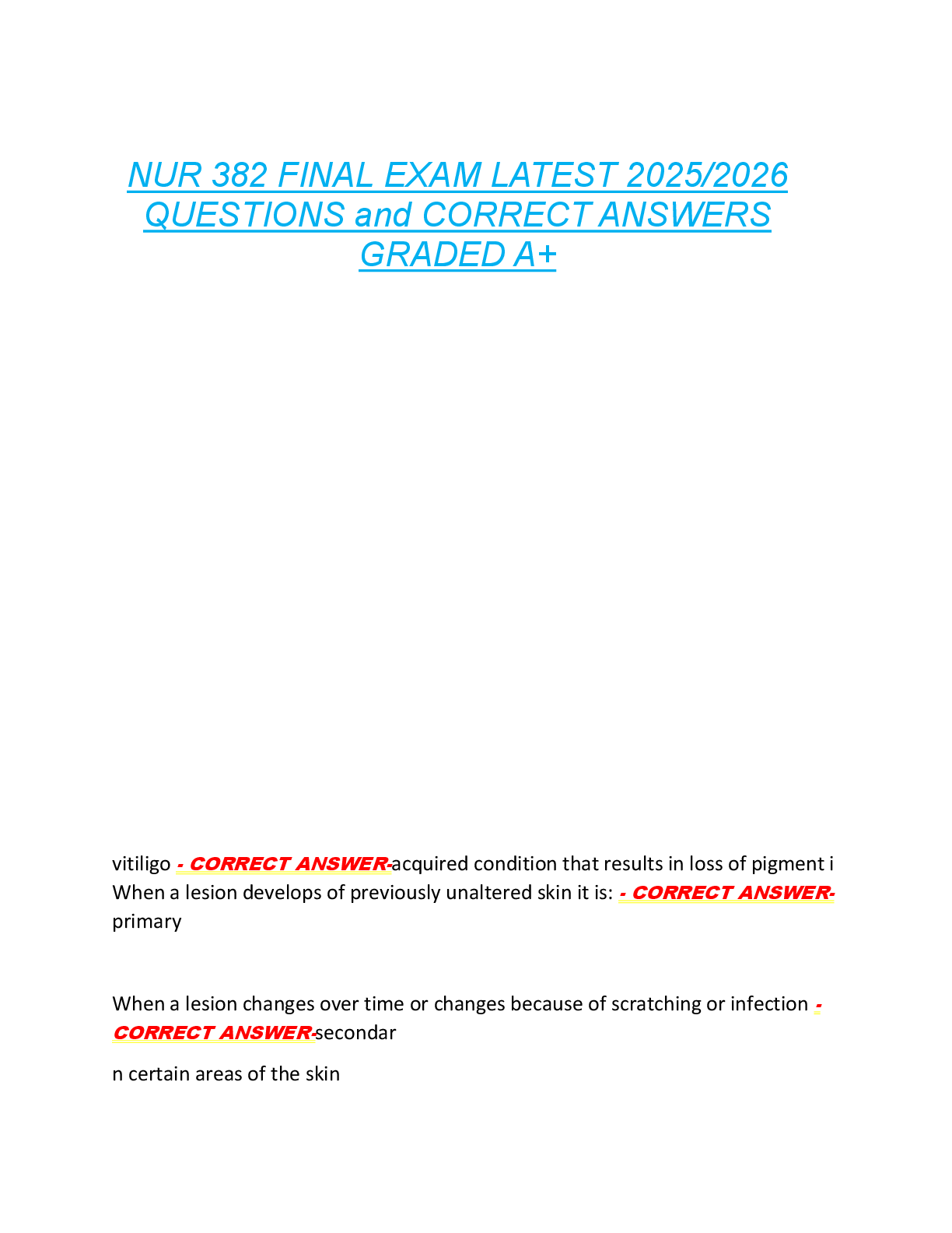 Preview image for NUR 382 FINAL EXAM LATEST 2025/2026  QUESTIONS and CORRECT ANSWERS  GRADED A+