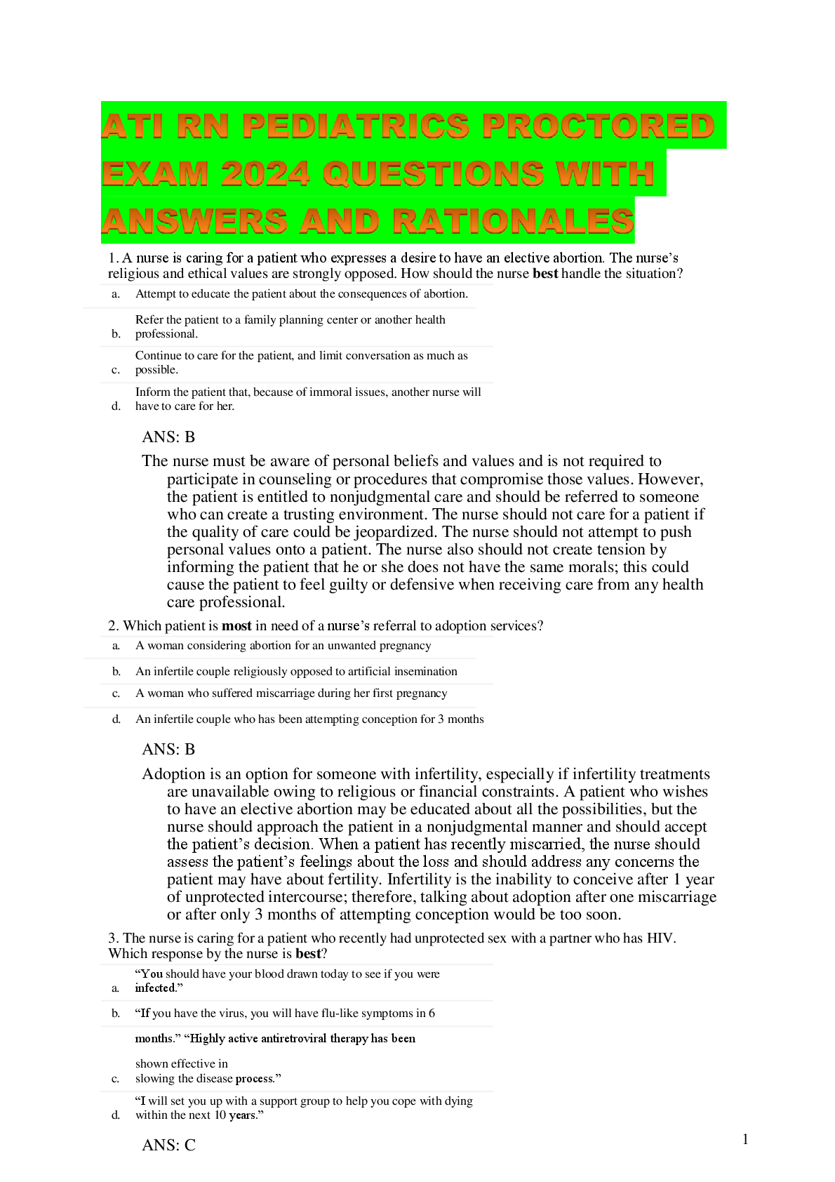 Preview image for ATI RN PEDIATRICS PROCTORED EXAM 2024 QUESTIONS WITH ANSWERS AND RATIONALES