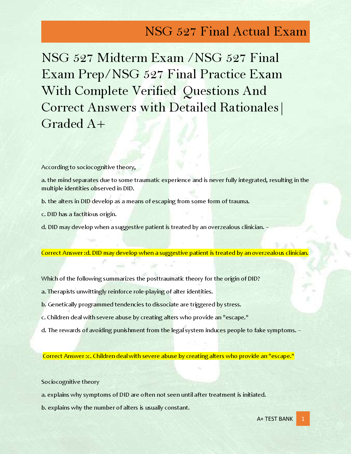 Preview of NSG 527 Midterm Exam /NSG 527 Final  Exam Prep/NSG 527 Final Practice Exam  With Complete Verified  Questions And  Correct Answers with Detailed Rationales|  Graded A+