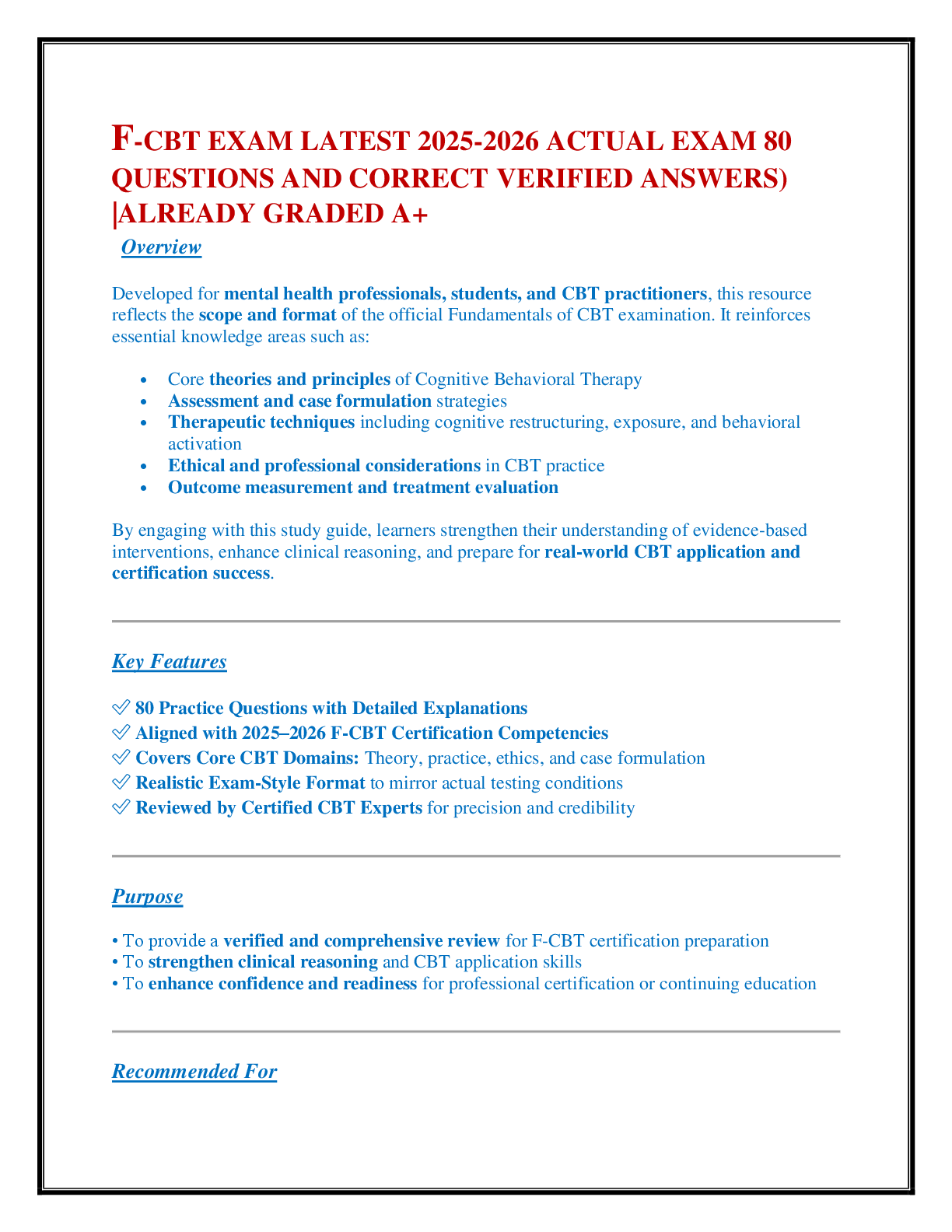 Recommended document preview for F-CBT EXAM LATEST 2025-2026 ACTUAL EXAM 80  QUESTIONS AND CORRECT VERIFIED ANSWERS) |ALREADY GRADED A+