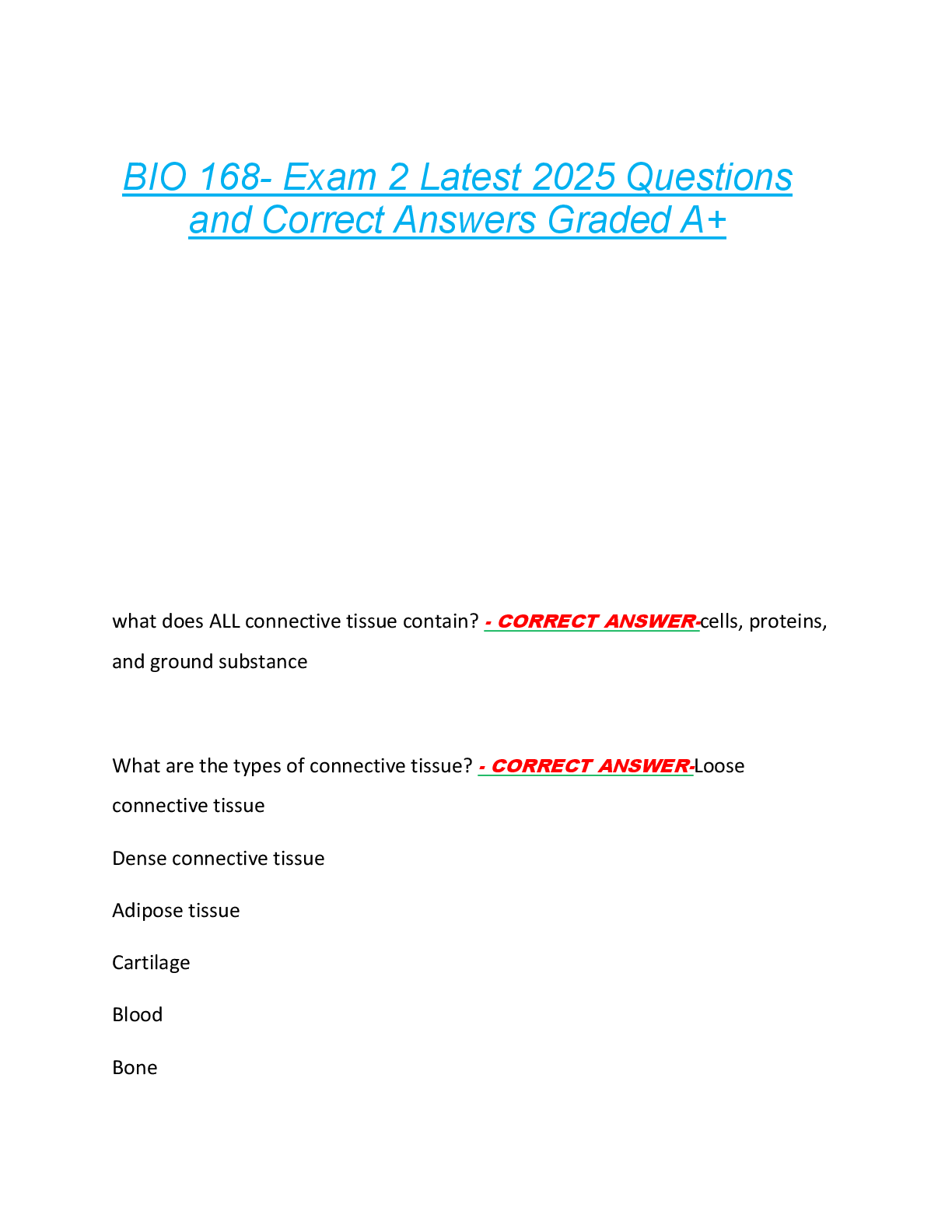 Preview of BIO 168- Exam 2 Latest 2025 Questions  and Correct Answers Graded A+