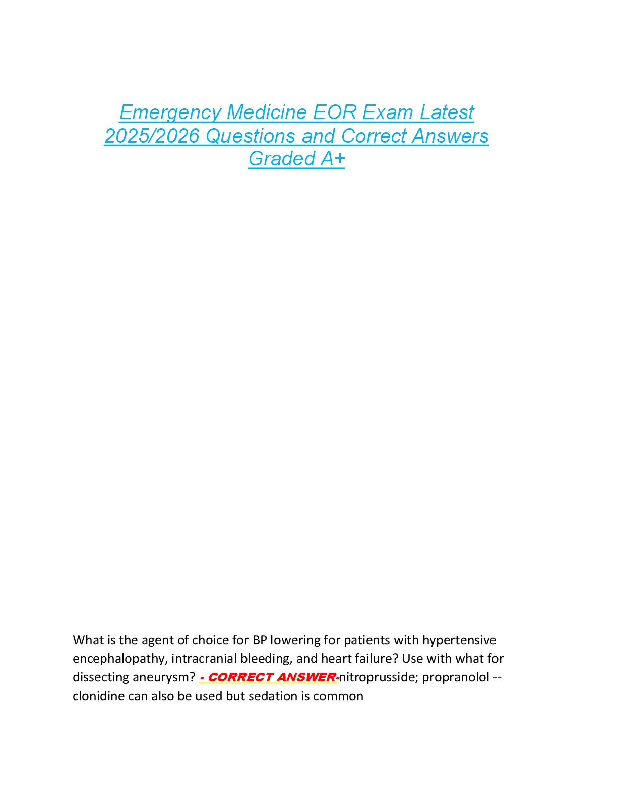 Emergency Medicine EOR Exam Latest  2025/2026 Questions and Correct Answers  Graded A+