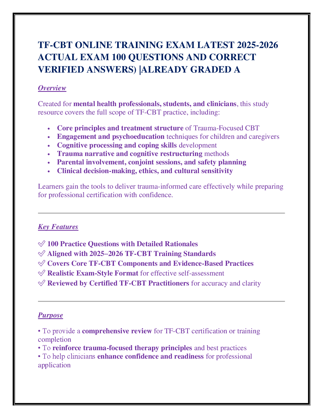 TF-CBT ONLINE TRAINING EXAM LATEST 2025-2026  ACTUAL EXAM 100 QUESTIONS AND CORRECT  VERIFIED ANSWERS) |ALREADY GRADED A