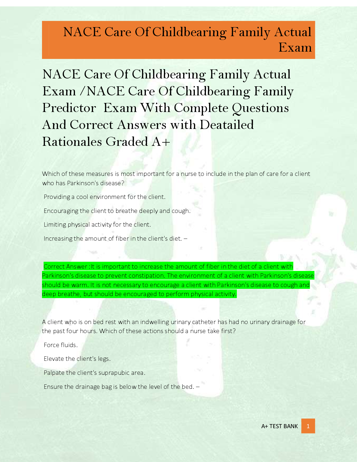 NACE Care Of Childbearing Family Actual  Exam /NACE Care Of Childbearing Family  Predictor  Exam With Complete Questions  And Correct Answers with Deatailed  Rationales Graded A+