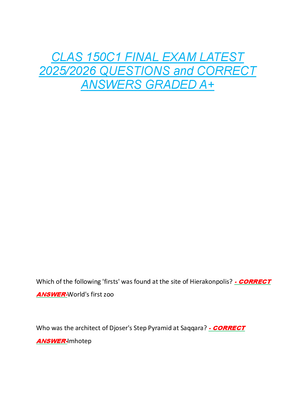 Preview image for CLAS 150C1 FINAL EXAM LATEST  2025/2026 QUESTIONS and CORRECT  ANSWERS GRADED A+