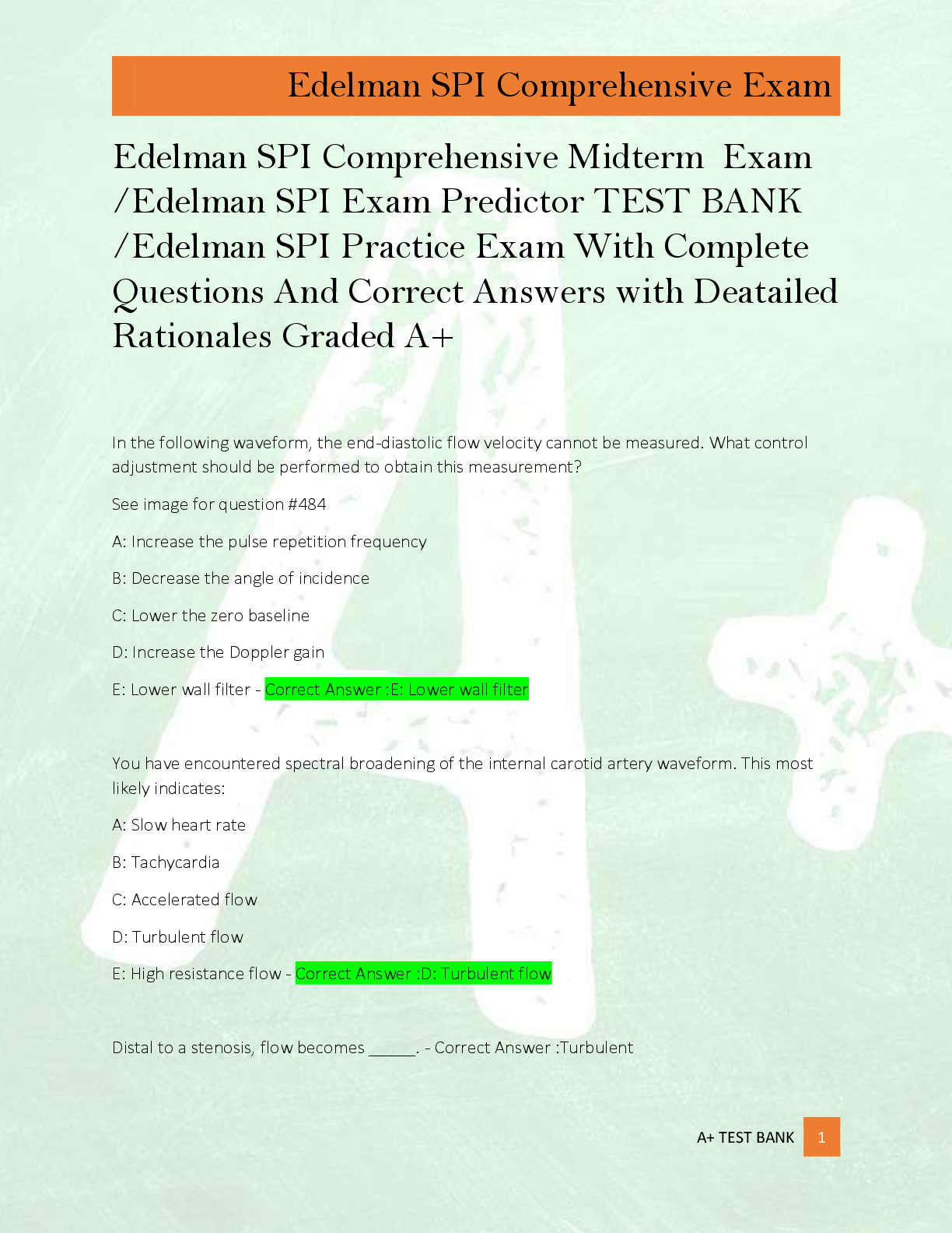 Preview of Edelman SPI Comprehensive Midterm  Exam  /Edelman SPI Exam Predictor TEST BANK  /Edelman SPI Practice Exam With Complete  Questions And Correct Answers with Deatailed  Rationales Graded A+