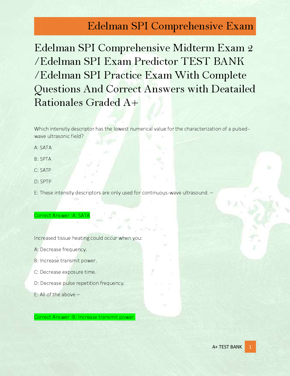 Edelman SPI Comprehensive Midterm Exam 2  /Edelman SPI Exam Predictor TEST BANK  /Edelman SPI Practice Exam With Complete  Questions And Correct Answers with Deatailed  Rationales Graded A+