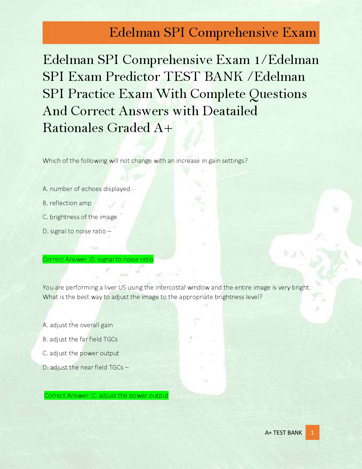 Edelman SPI Comprehensive Exam 1/Edelman  SPI Exam Predictor TEST BANK /Edelman  SPI Practice Exam With Complete Questions  And Correct Answers with Deatailed  Rationales Graded A+