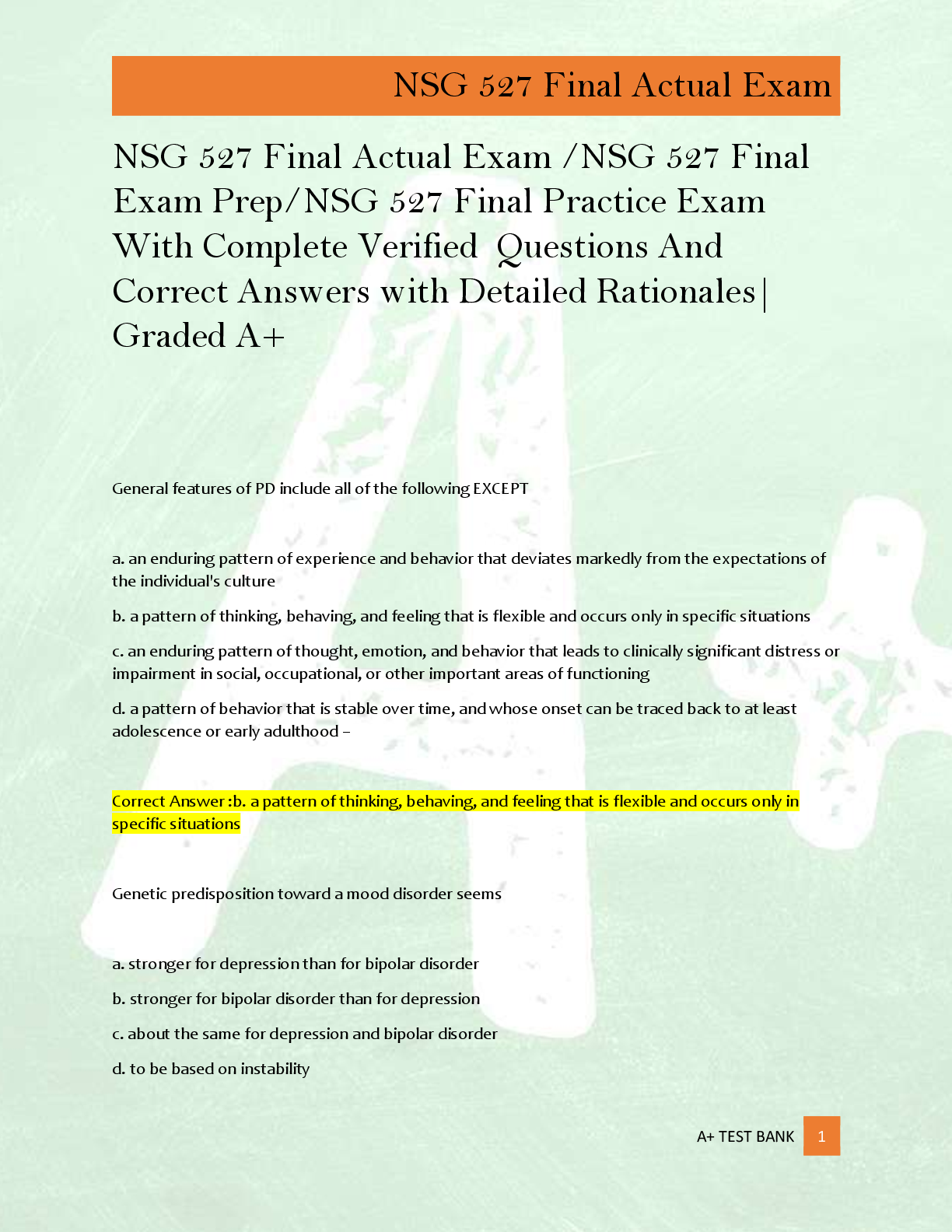 NSG 527 Final Actual Exam /NSG 527 Final  Exam Prep/NSG 527 Final Practice Exam  With Complete Verified  Questions And  Correct Answers with Detailed Rationales|  Graded A+