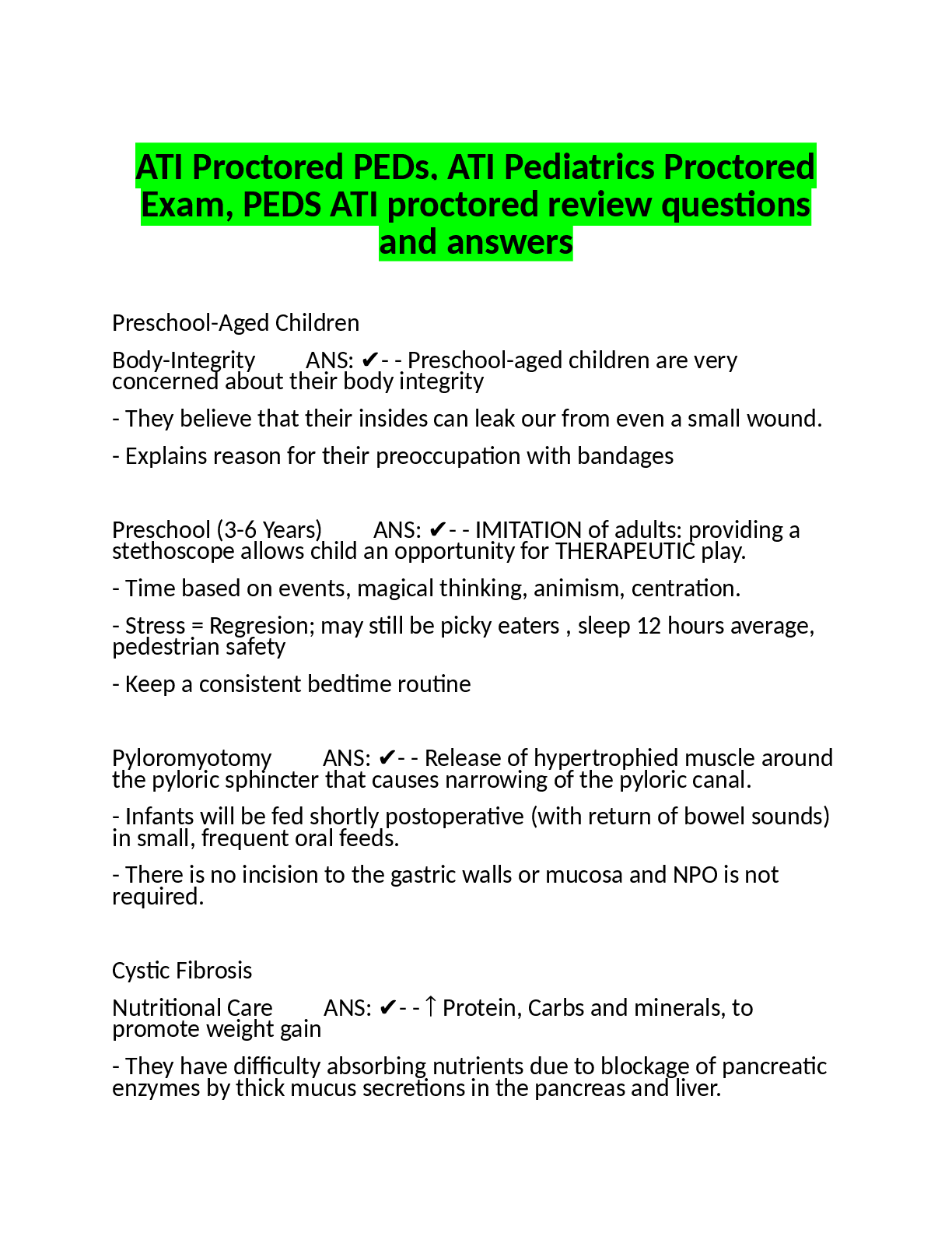 Recommended document preview for ATI Proctored PEDs, ATI Pediatrics Proctored  Exam, PEDS ATI proctored review questions  and answers