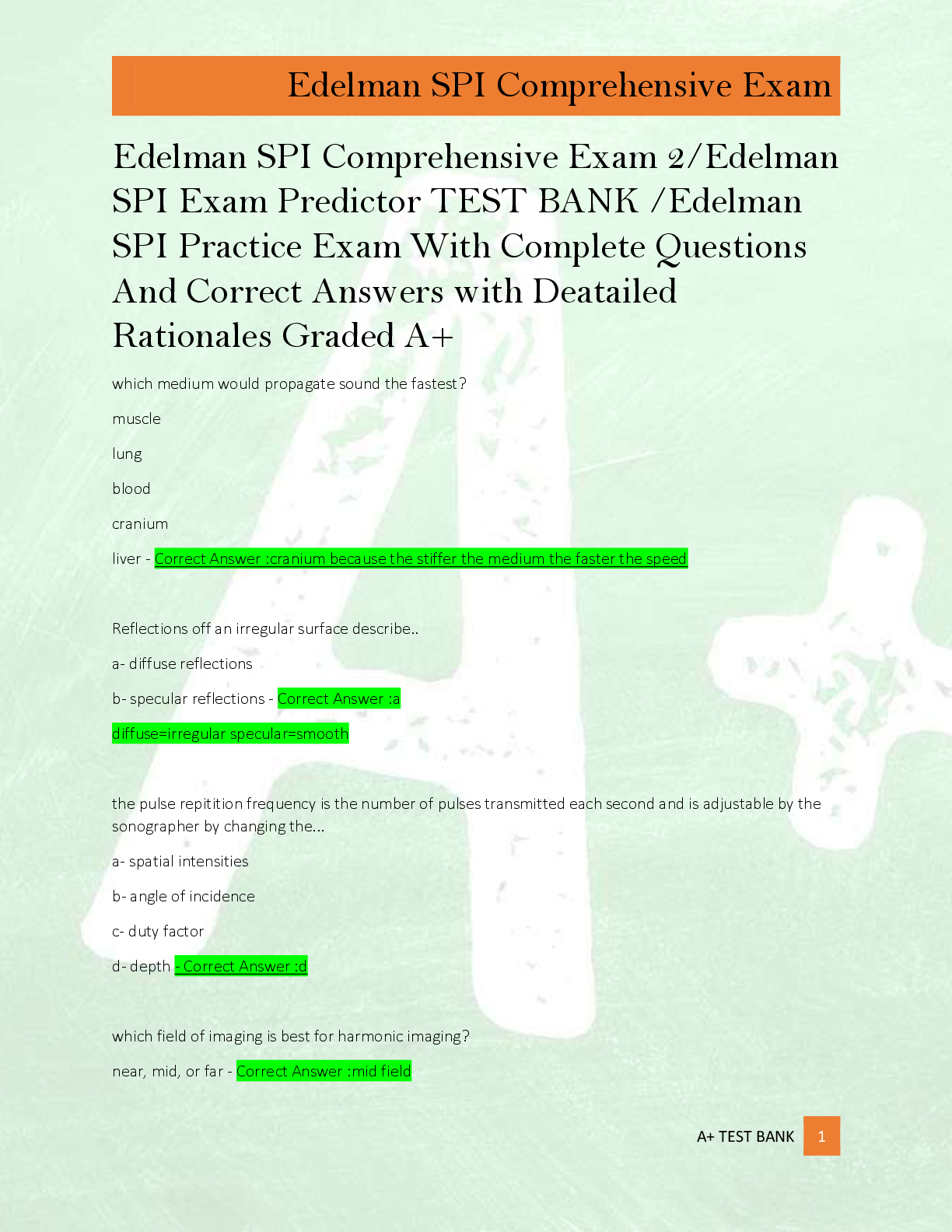 Edelman SPI Comprehensive Exam 2/Edelman  SPI Exam Predictor TEST BANK /Edelman  SPI Practice Exam With Complete Questions  And Correct Answers with Deatailed  Rationales Graded A+