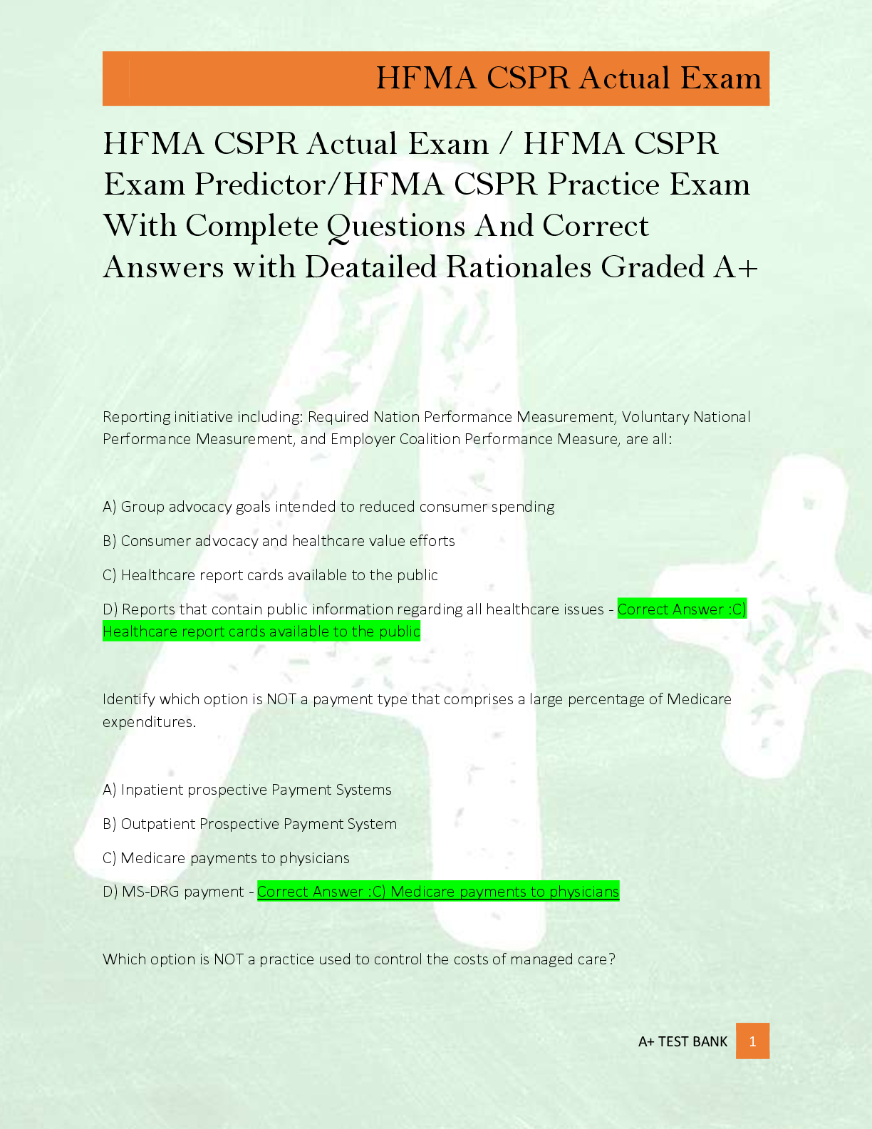 Preview of HFMA CSPR Actual Exam / HFMA CSPR  Exam Predictor/HFMA CSPR Practice Exam  With Complete Questions And Correct  Answers with Deatailed Rationales Graded A+