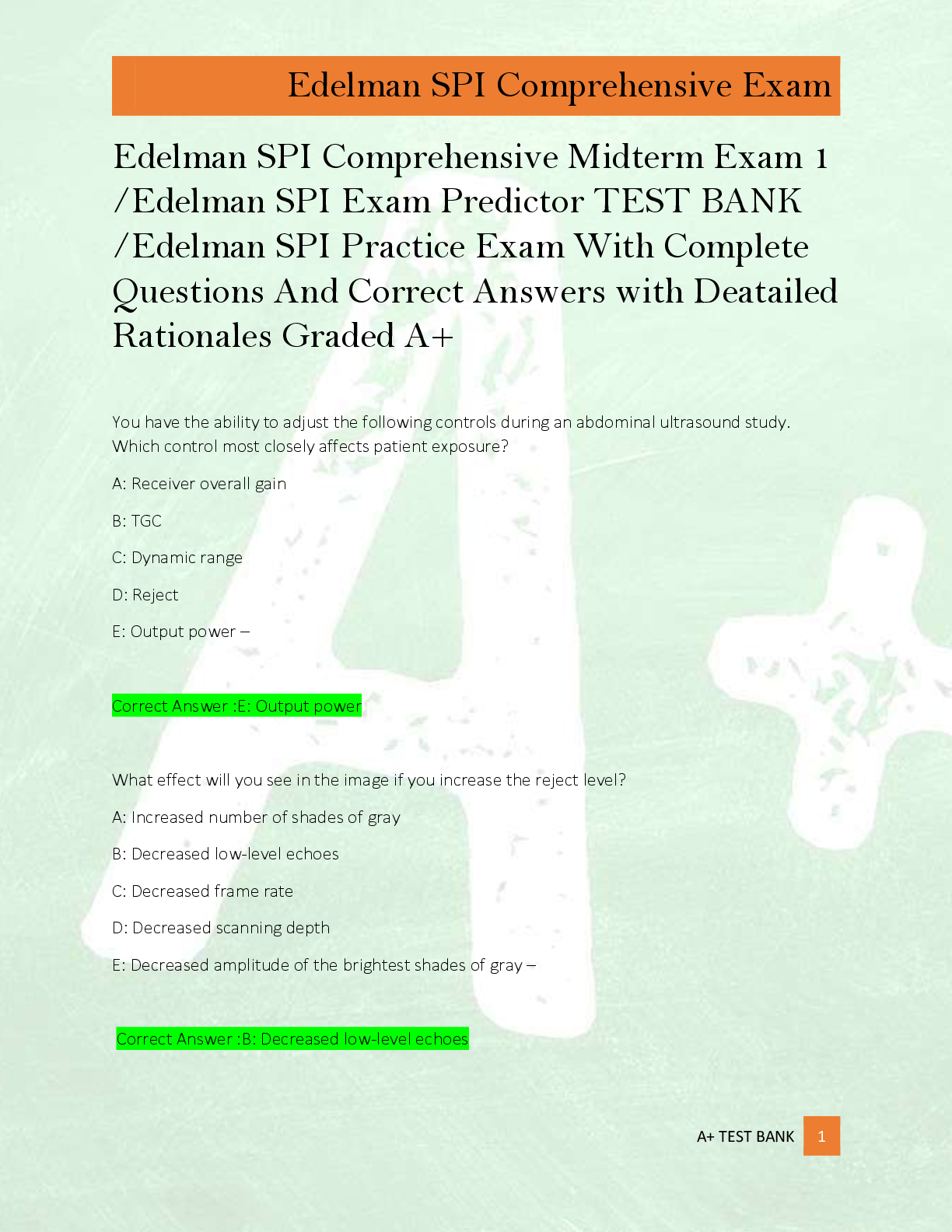 Edelman SPI Comprehensive Midterm Exam 1  /Edelman SPI Exam Predictor TEST BANK  /Edelman SPI Practice Exam With Complete  Questions And Correct Answers with Deatailed  Rationales Graded A+