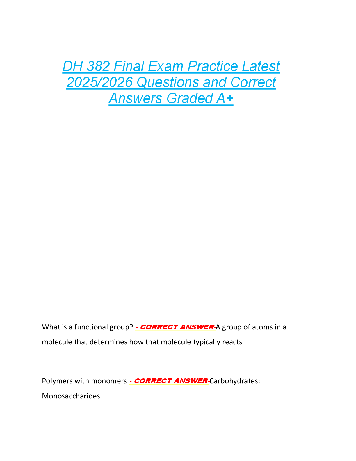 Preview image for DH 382 Final Exam Practice Latest  2025/2026 Questions and Correct  Answers Graded A+