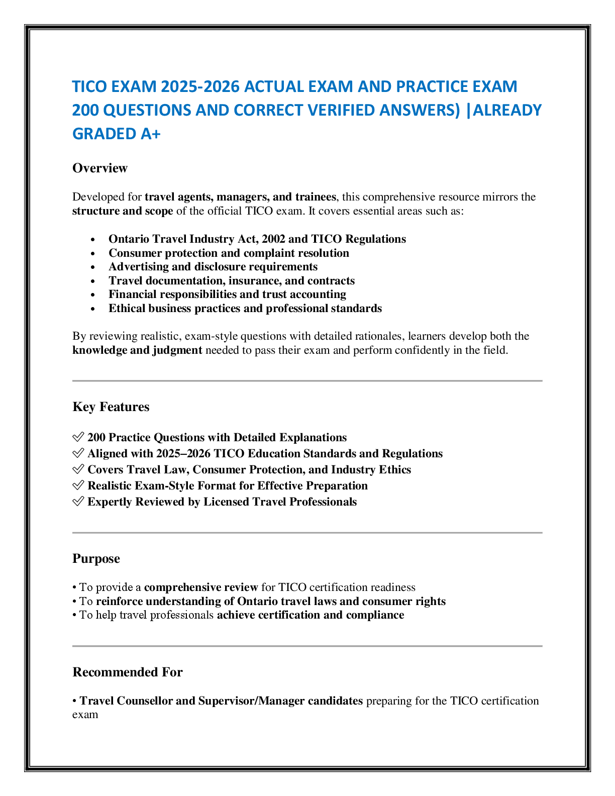 TICO EXAM 2025-2026 ACTUAL EXAM AND PRACTICE EXAM  200 QUESTIONS AND CORRECT VERIFIED ANSWERS) |ALREADY GRADED A+