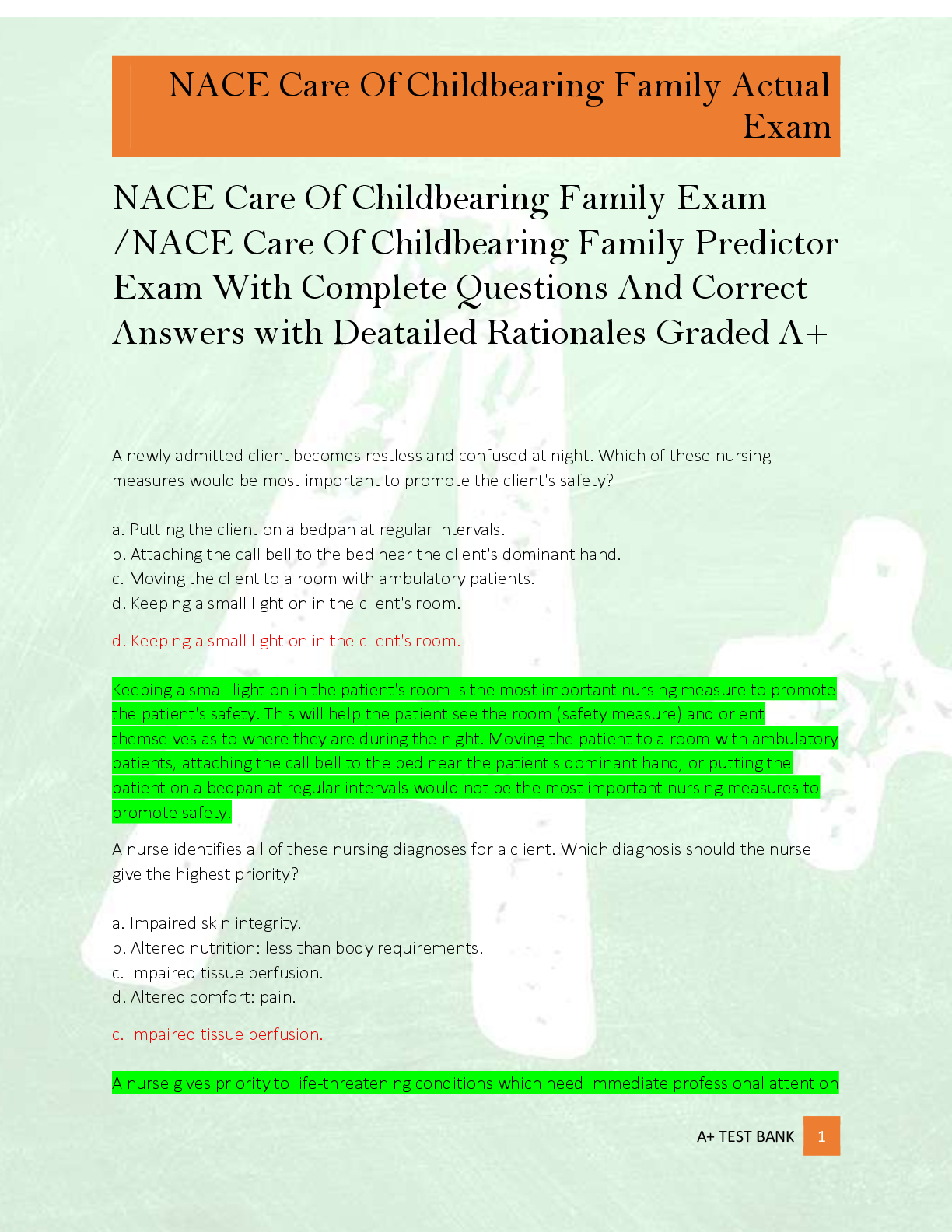 NACE Care Of Childbearing Family Exam  /NACE Care Of Childbearing Family Predictor   Exam With Complete Questions And Correct  Answers with Deatailed Rationales Graded A+