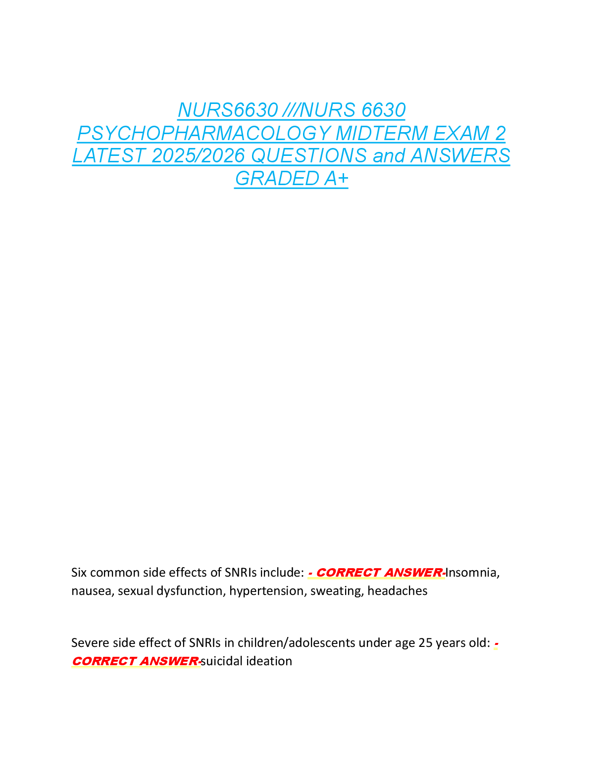 Preview image for NURS6630 ///NURS 6630  PSYCHOPHARMACOLOGY MIDTERM EXAM 2  LATEST 2025/2026 QUESTIONS and ANSWERS  GRADED A+