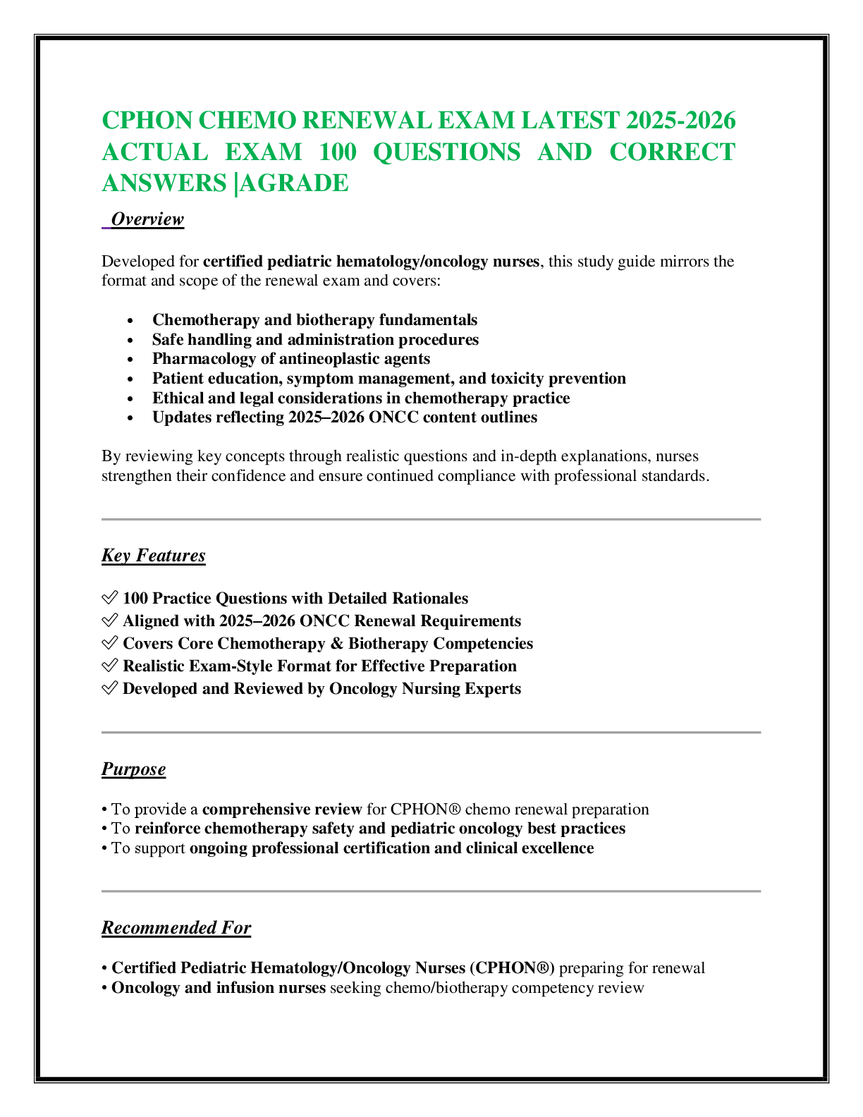 CPHON CHEMO RENEWAL EXAM LATEST 2025-2026 ACTUAL EXAM 100 QUESTIONS AND CORRECT  ANSWERS |AGRADE