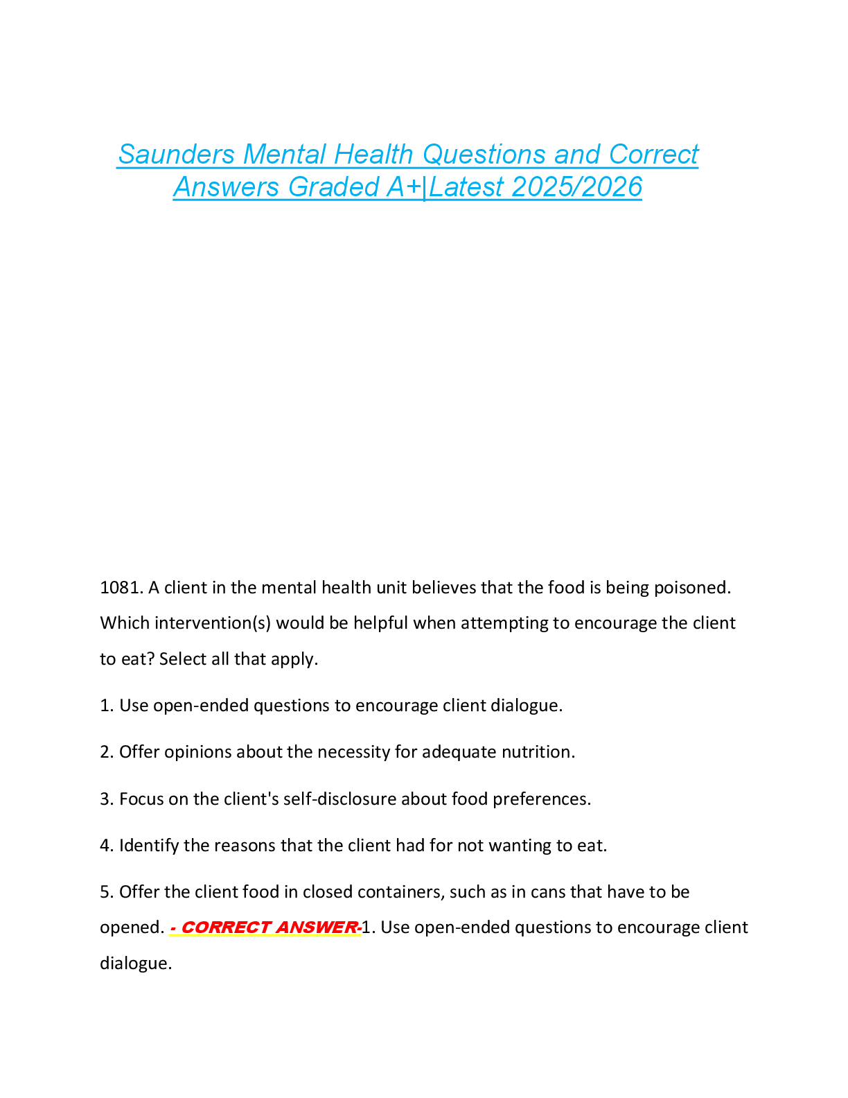 Preview of Saunders Mental Health Questions and Correct  Answers Graded A+|Latest 2025/2026