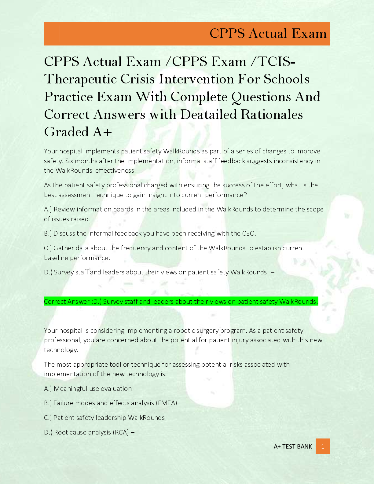 Recommended document preview for CPPS Actual Exam /CPPS Exam /TCIS Therapeutic Crisis Intervention For Schools  Practice Exam With Complete Questions And  Correct Answers with Deatailed Rationales  Graded A+