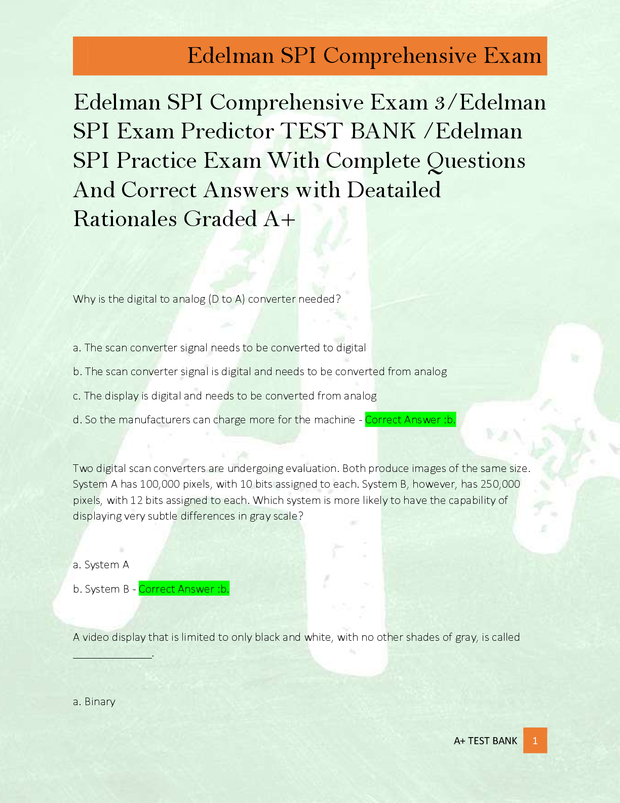 Preview of Edelman SPI Comprehensive Exam 3/Edelman  SPI Exam Predictor TEST BANK /Edelman  SPI Practice Exam With Complete Questions  And Correct Answers with Deatailed  Rationales Graded A+