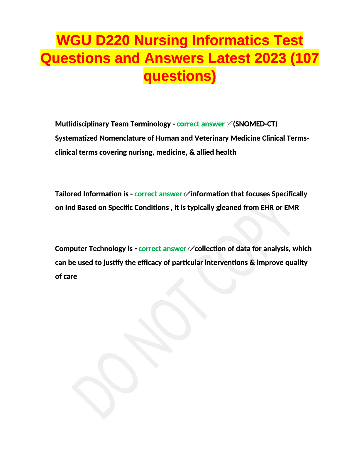 Preview image for WGU D220 Nursing Informatics Test Questions and Answers Latest 2023 (107 questions)