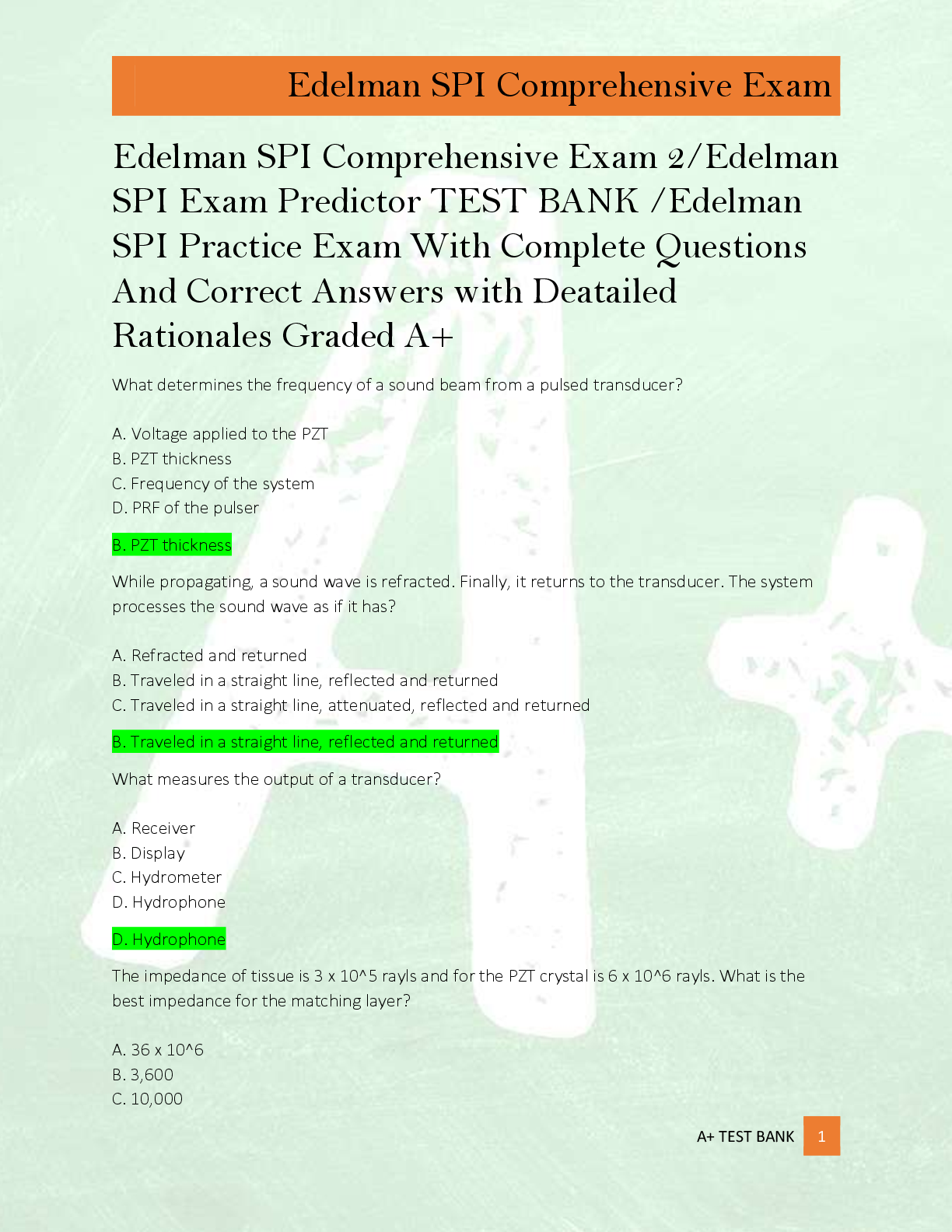 Preview of Edelman SPI Comprehensive Exam 2/Edelman  SPI Exam Predictor TEST BANK /Edelman  SPI Practice Exam With Complete Questions  And Correct Answers with Deatailed  Rationales Graded A+