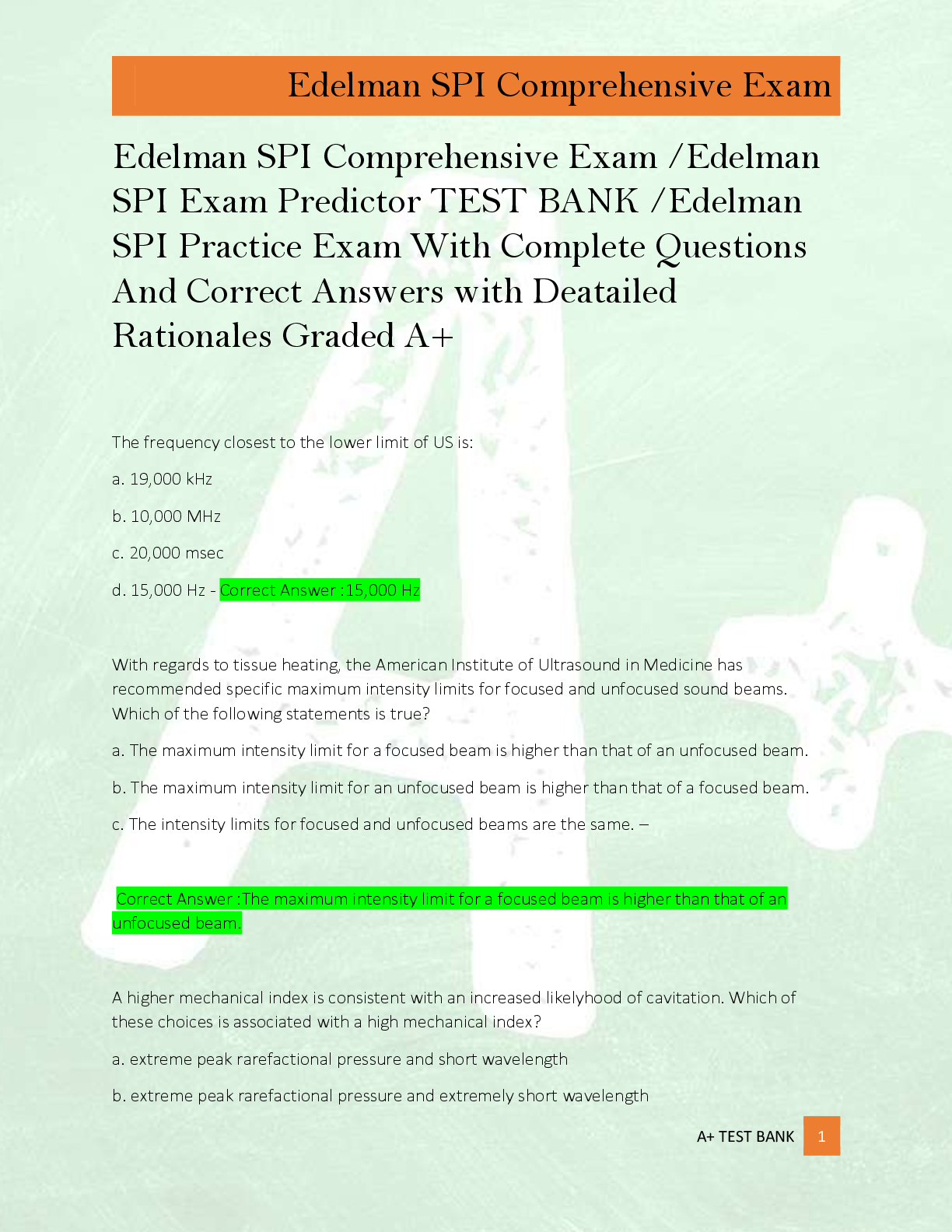 Edelman SPI Comprehensive Exam /Edelman  SPI Exam Predictor TEST BANK /Edelman  SPI Practice Exam With Complete Questions  And Correct Answers with Deatailed  Rationales Graded A+