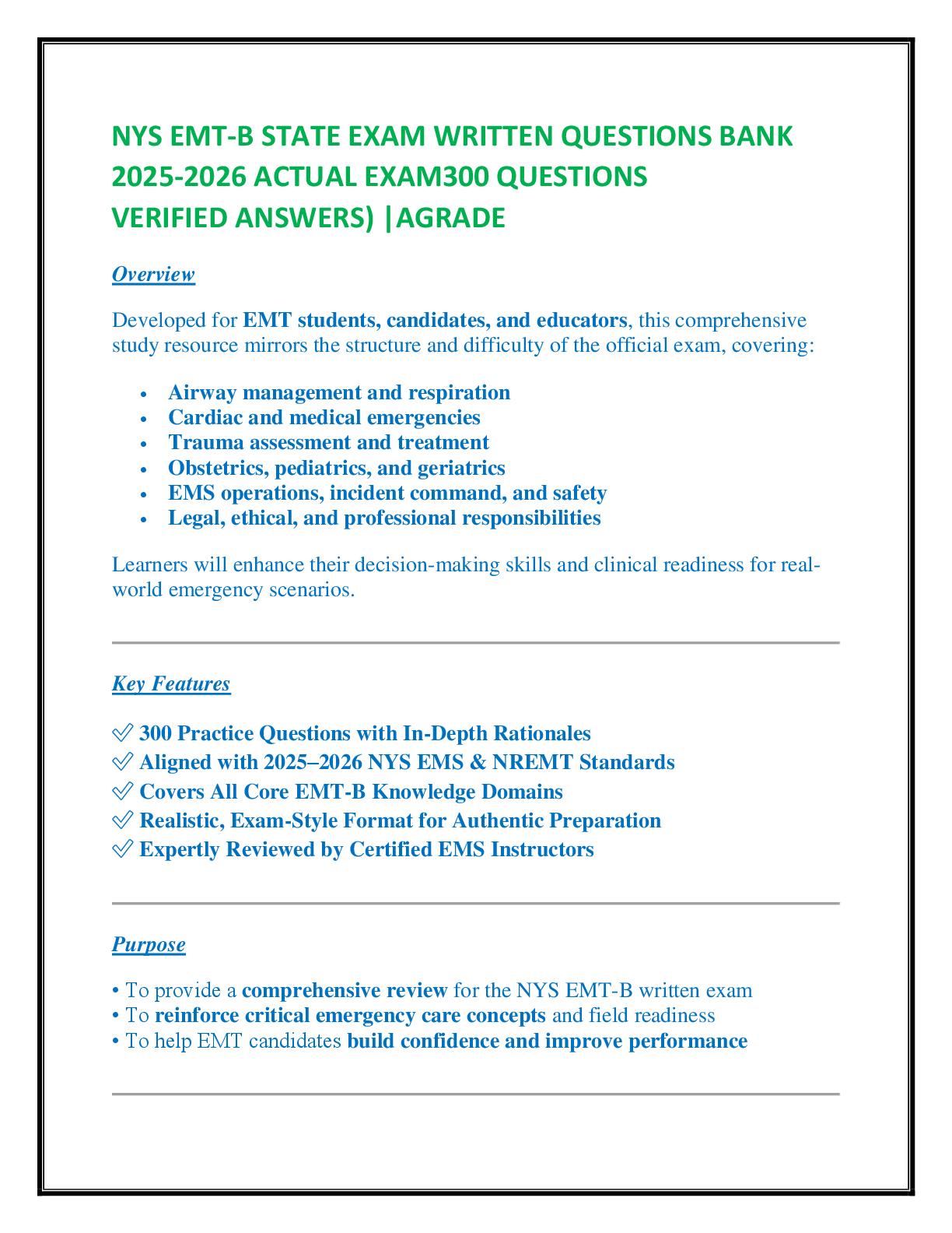 NYS EMT-B STATE EXAM WRITTEN QUESTIONS BANK  2025-2026 ACTUAL EXAM300 QUESTIONS  VERIFIED ANSWERS) |AGRADE