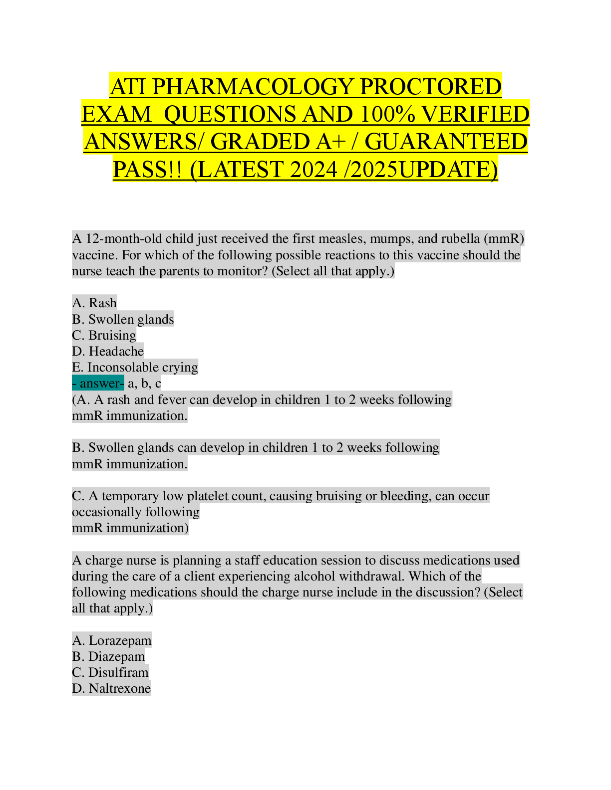 Preview image for ATI PHARMACOLOGY PROCTORED  EXAM  QUESTIONS AND 100% VERIFIED   ANSWERS/ GRADED A+ / GUARANTEED  PASS!! (LATEST 2024 /2025UPDATE)