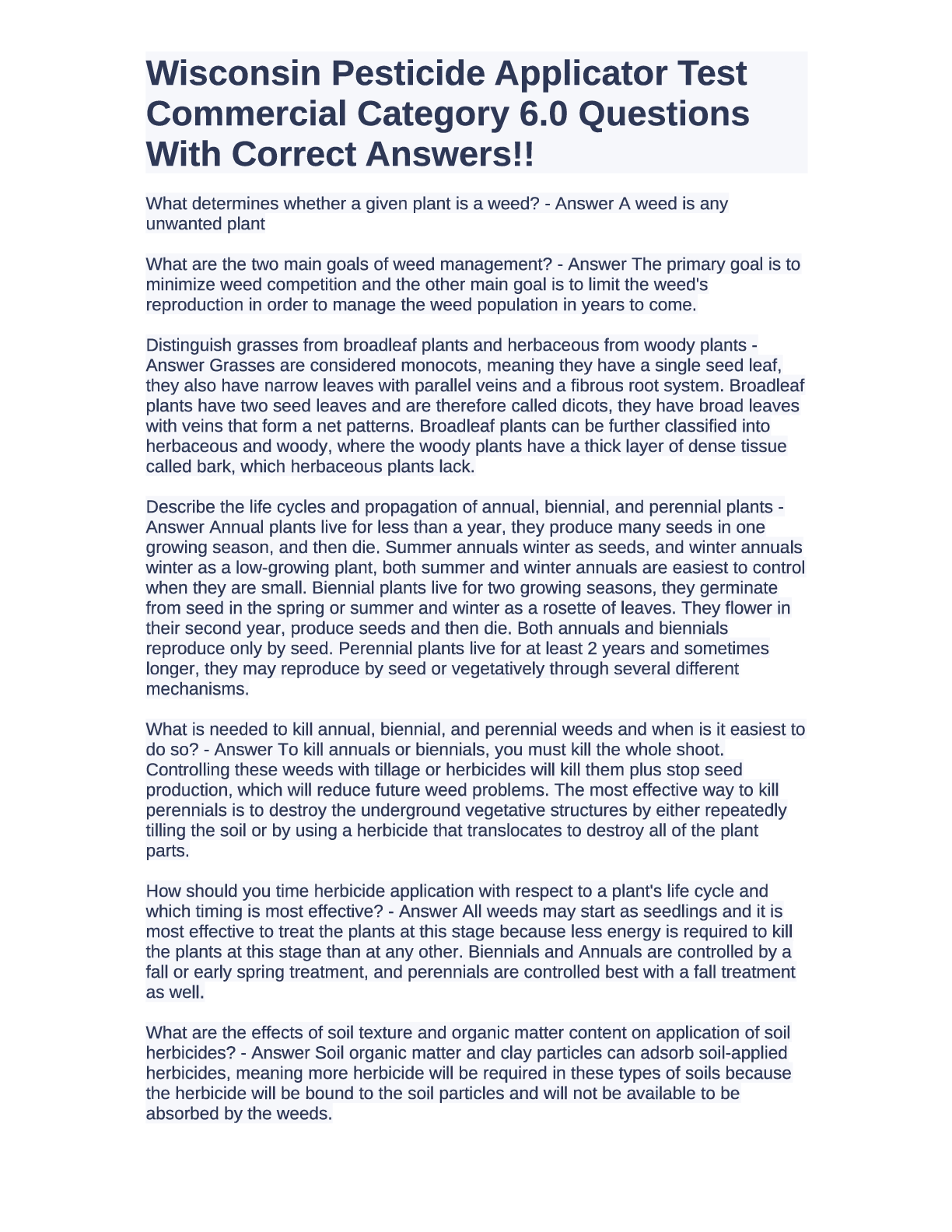Preview image for Wisconsin Pesticide Applicator Test Commercial Category 6.0 Questions With Correct Answers!!