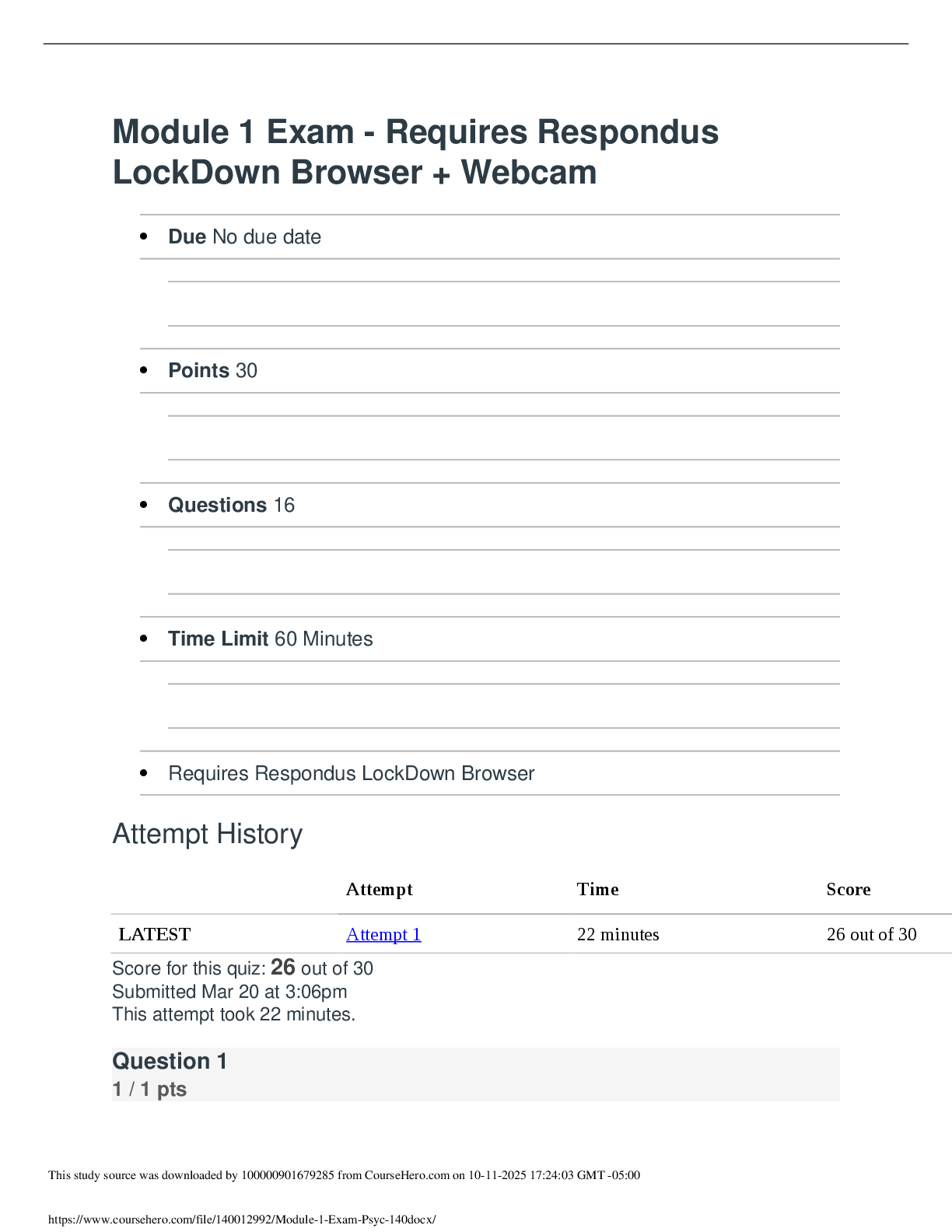 Preview image for Module 1 Exam - Requires Respondus  LockDown Browser + Webcam