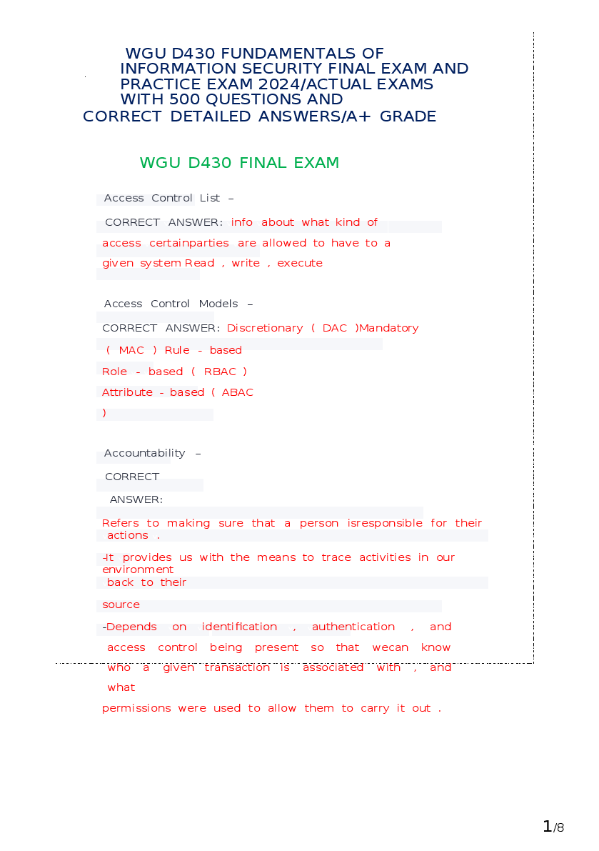 Preview image for WGU D430 Fundamentals of Information Security Exam Objective Assessment Newest 2024 Test Bank Actual Exam 300 Questions and Correct Detailed Answers (Verified Answers)  Already Graded A+