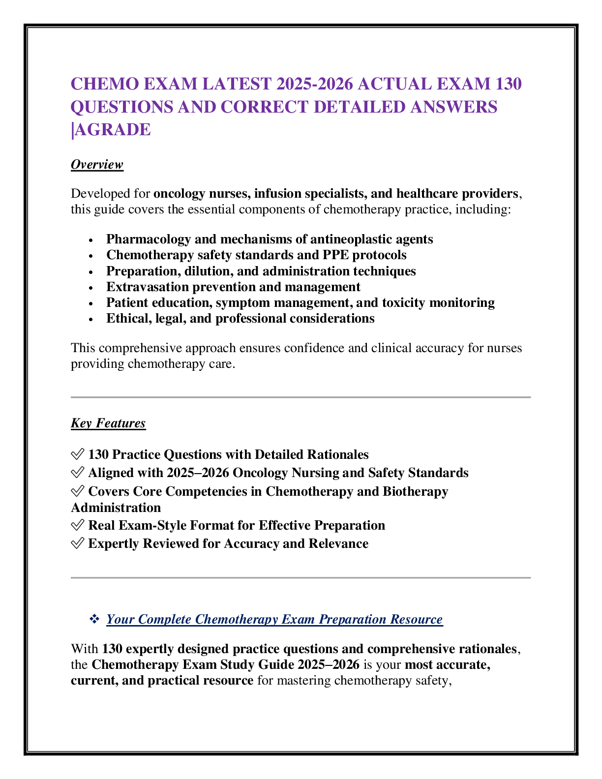 Recommended document preview for CHEMO EXAM LATEST 2025-2026 ACTUAL EXAM 130  QUESTIONS AND CORRECT DETAILED ANSWERS |AGRADE