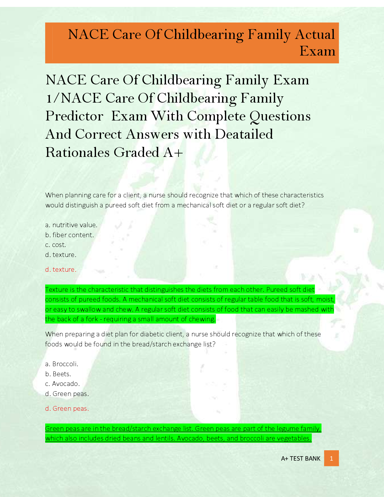 NACE Care Of Childbearing Family Exam  1/NACE Care Of Childbearing Family  Predictor  Exam With Complete Questions  And Correct Answers with Deatailed  Rationales Graded A+