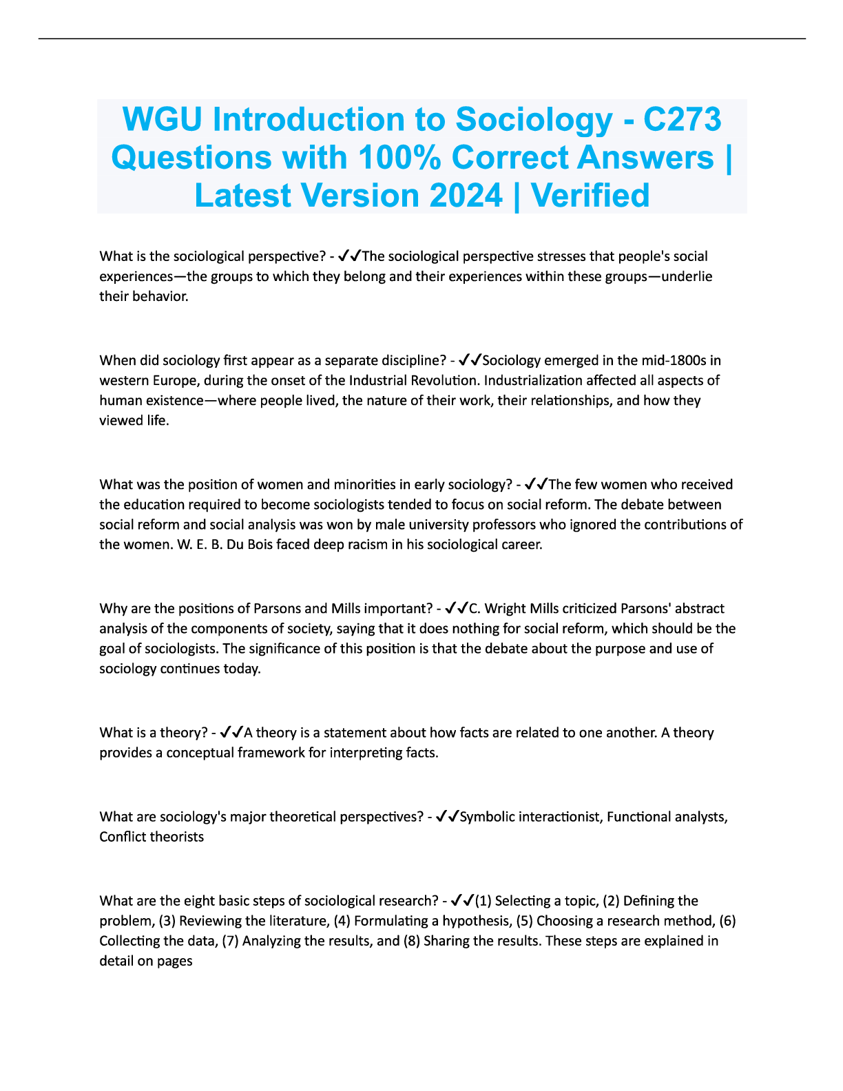 Preview image for WGU Introduction to Sociology - C273 Questions with 100% Correct Answers  Latest Version 2024  Verified