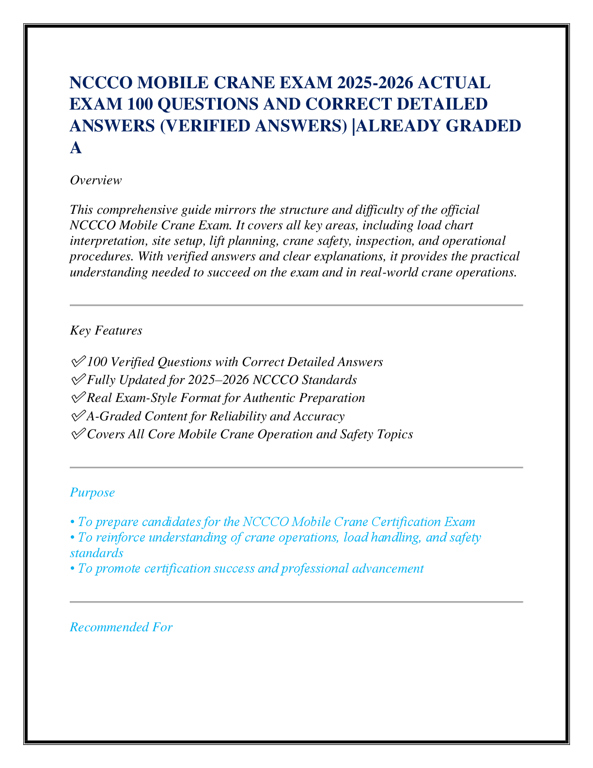 Recommended document preview for NCCCO MOBILE CRANE EXAM 2025-2026 ACTUAL  EXAM 100 QUESTIONS AND CORRECT DETAILED  ANSWERS (VERIFIED ANSWERS) |ALREADY GRADED  A