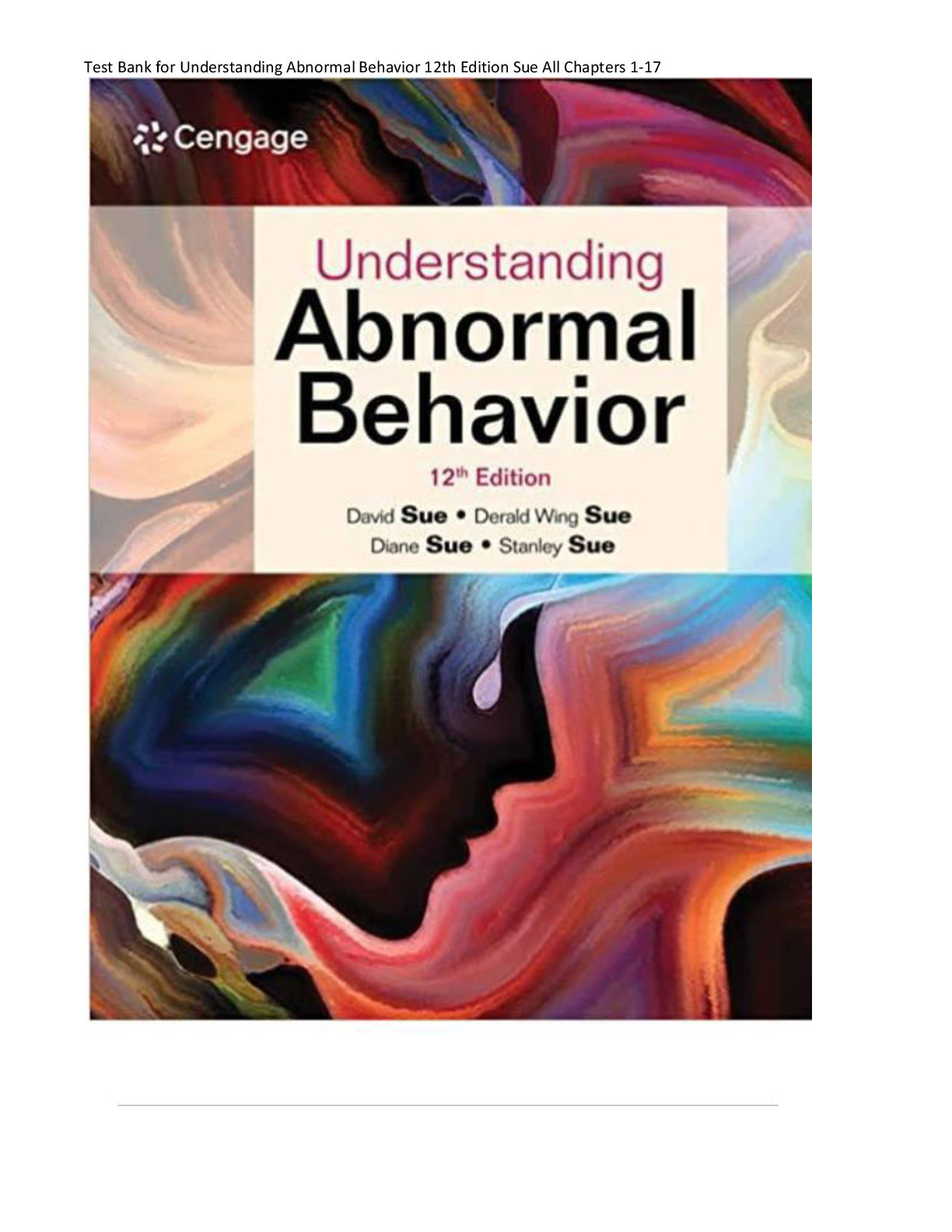 Preview image for Complete Test Bank for Understanding Abnormal Behavior 12th Edition Sue All Chapters 1-17! RATED A+ 100% CORRECT ANSWERS