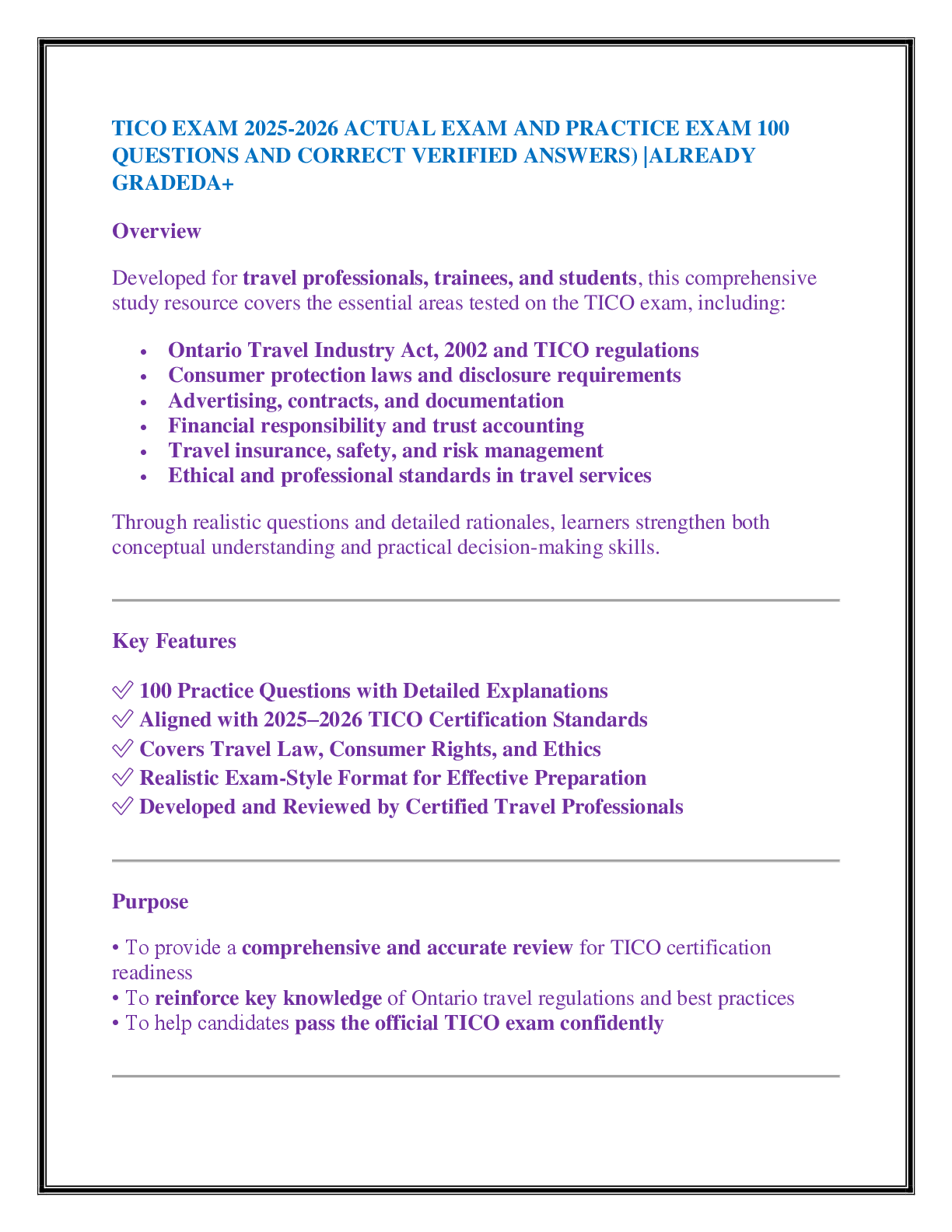 TICO EXAM 2025-2026 ACTUAL EXAM AND PRACTICE EXAM 100 QUESTIONS AND CORRECT VERIFIED ANSWERS) |ALREADY GRADEDA+