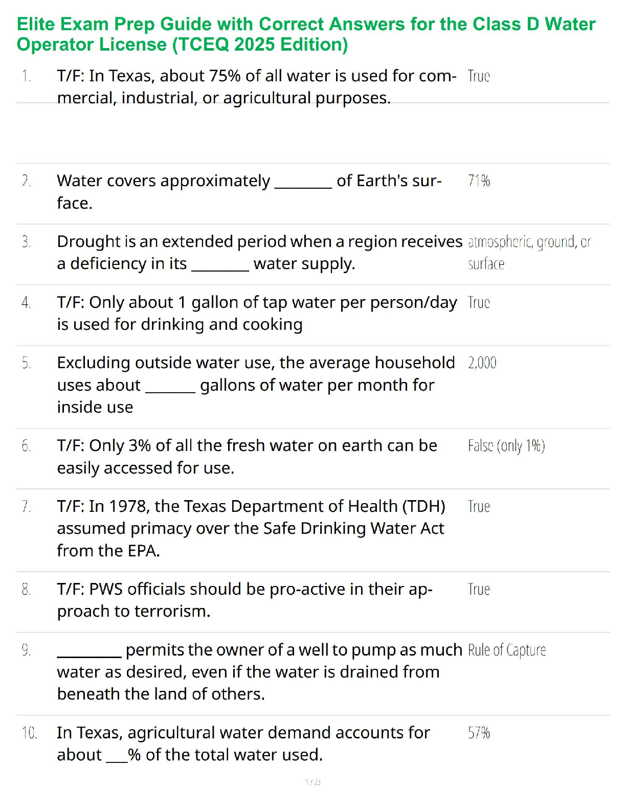 Recommended document preview for Elite Exam Prep Guide with Correct Answers for the Class D Water Operator License (TCEQ 2025 Edition)