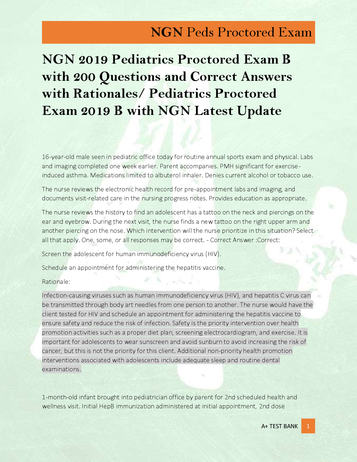 Preview of NGN 2019 Pediatrics Proctored Exam B  with 200 Questions and Correct Answers  with Rationa