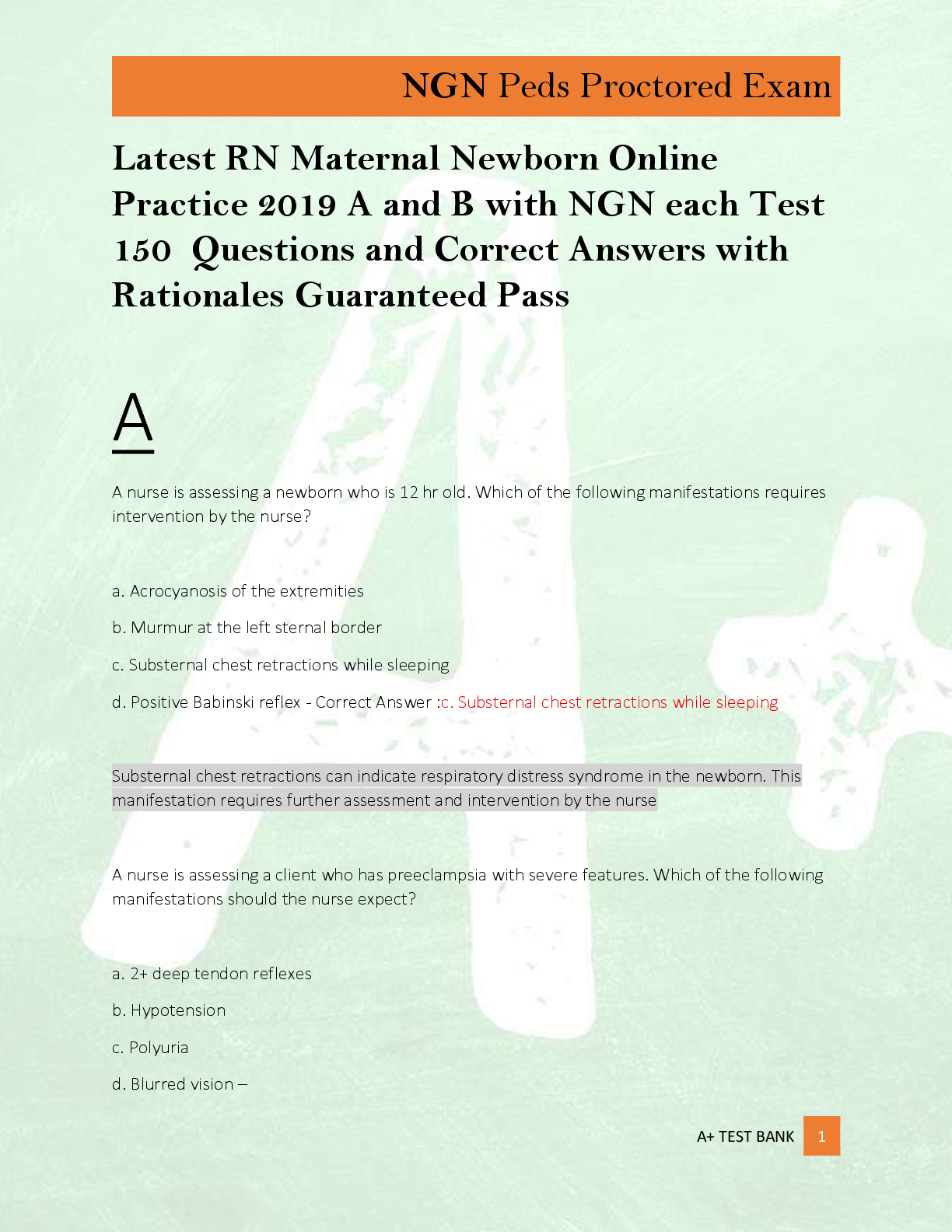Preview of Latest RN Maternal Newborn Online  Practice 2019 A and B with NGN each Test    150  Questi